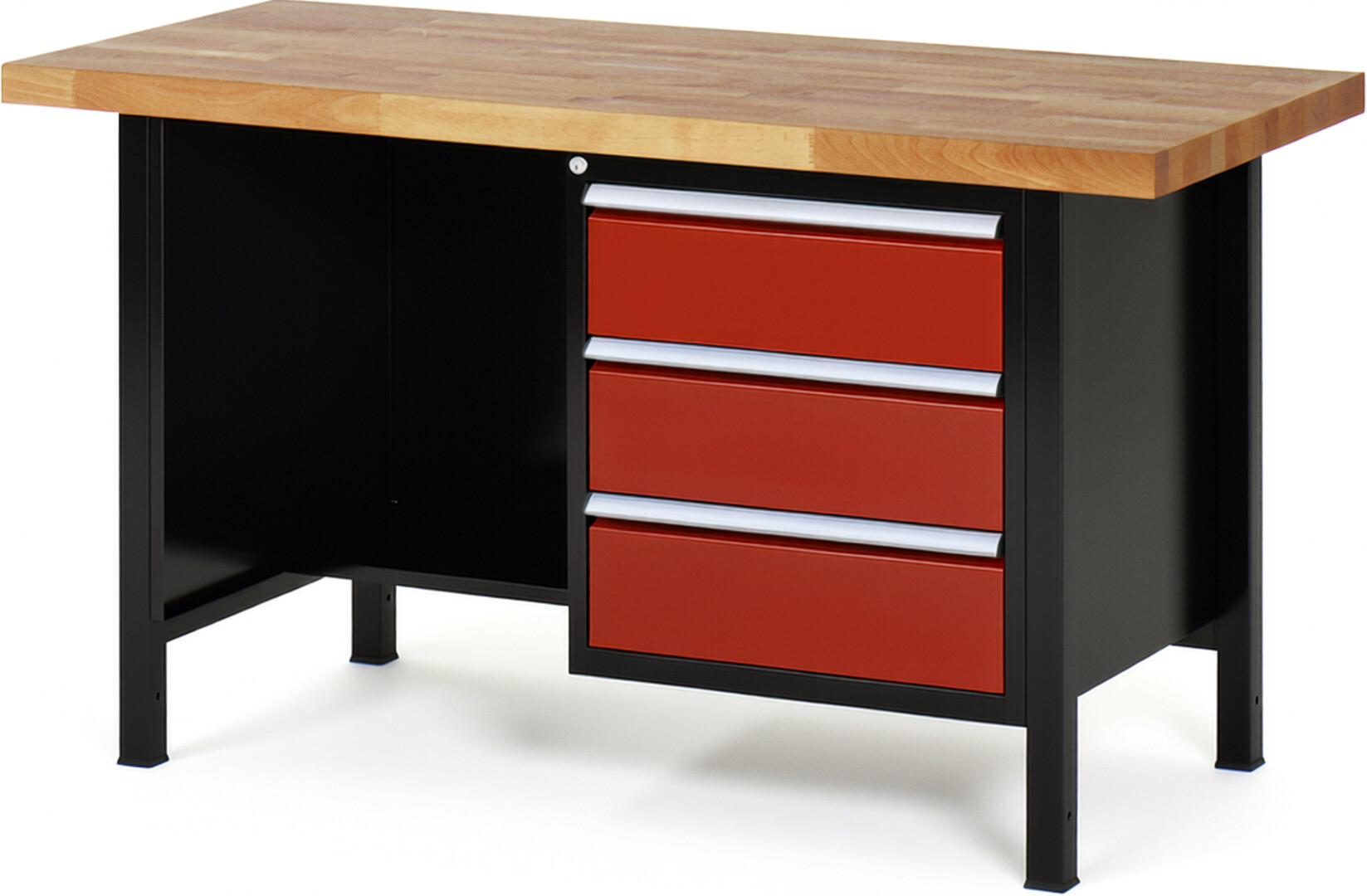 RAU Werkbank schwarz - rot - Breite 150 cm - Tiefe 70 cm - Höhe 104 cm - Buche-Massiv Arbeitsplatte 40 mm