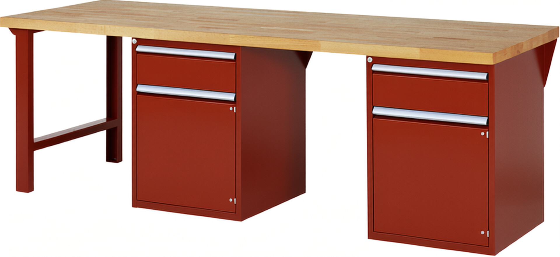 Werkbank Modell 7502 rot, BxTxH 2500x900x890 mm,  Buche-Massiv Arbeitsplatte 40 mm,  2 Schubladen mit  Vollauszug 100 % und  SoftClosing