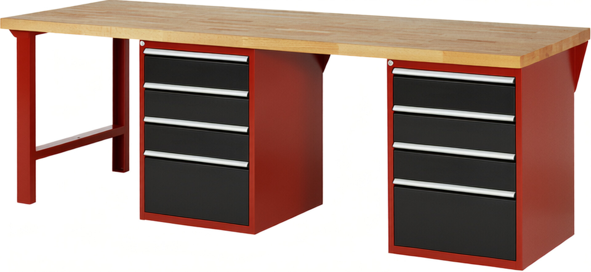 Werkbank Modell 7510 rot - schwarz, BxTxH 2500x900x840 mm,  Buche-Massiv Arbeitsplatte 40 mm,  8 Schubladen mit  Auszug 90 %