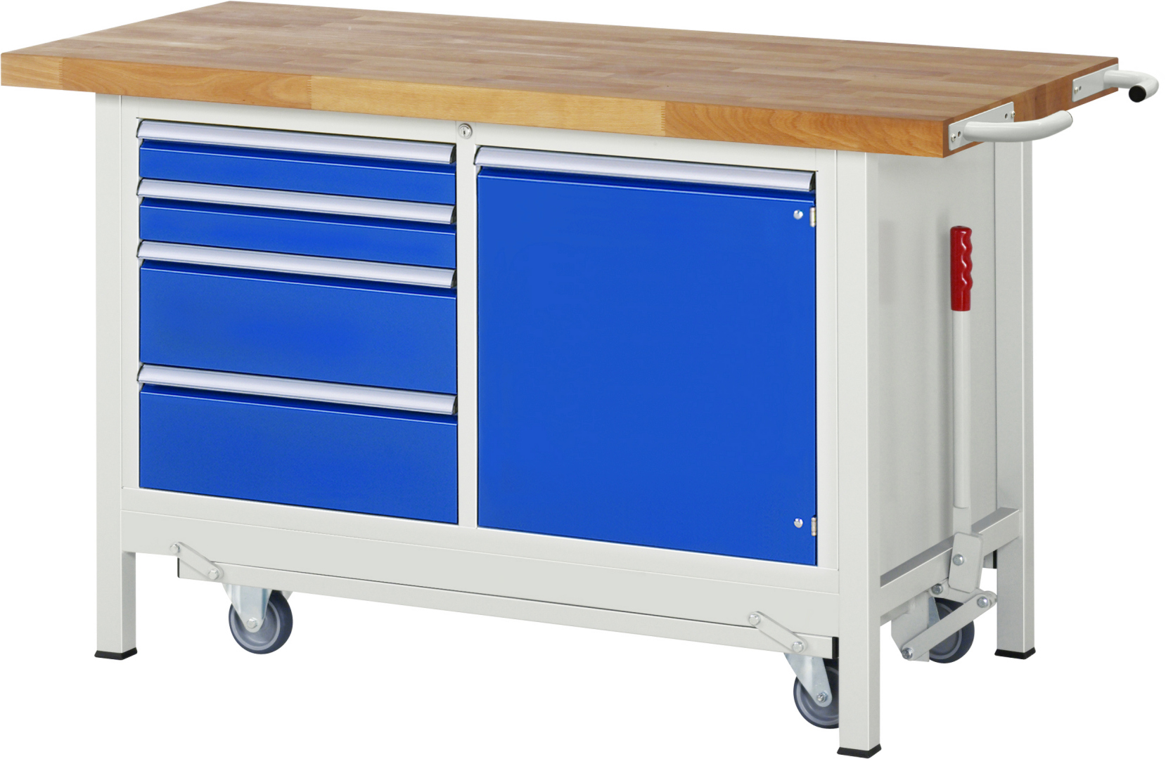 Absenkbare Werkbank Modell 8470 rot - schwarz, BxTxH 1500x700x880 mm,  Buche-Massiv Arbeitsplatte 40 mm,  4 Schubladen mit  Vollauszug 100 % und  SoftClosing