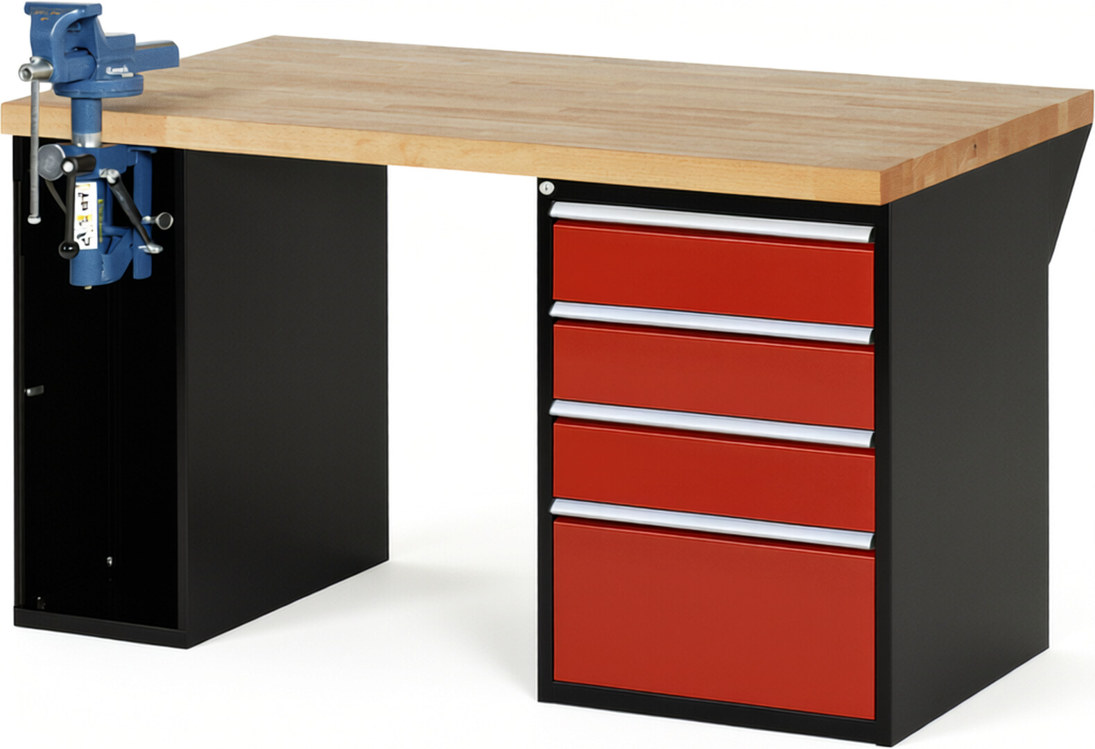 RAU Werkbank schwarz - rot - Breite 150 cm - Tiefe 90 cm - Höhe 84 cm - Buche-Massiv Arbeitsplatte 40 mm