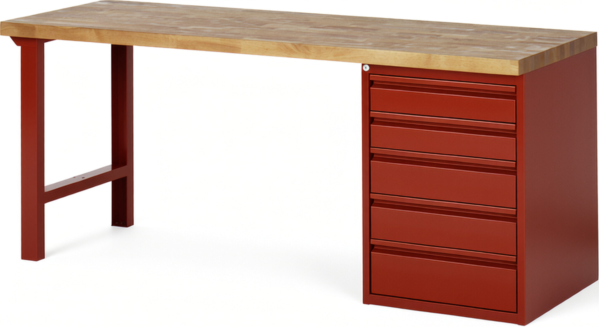 Werkbank, 1 Unterbau-Container mit 5 Schubladen: 2x120, 2x150, 1x180 mm, Buche-Platte 40 mm rot, BxTxH 2000x700x840 mm, RAL 3000/3000
