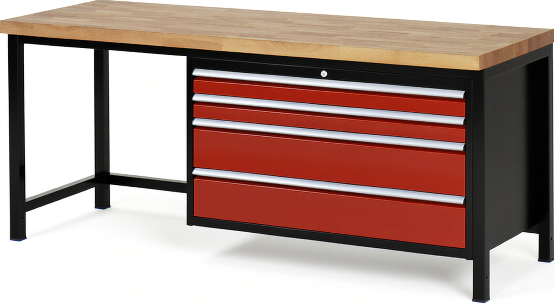 RAU Werkbank schwarz - rot - Breite 200 cm - Tiefe 70 cm - Höhe 104 cm - Buche-Massiv Arbeitsplatte 40 mm