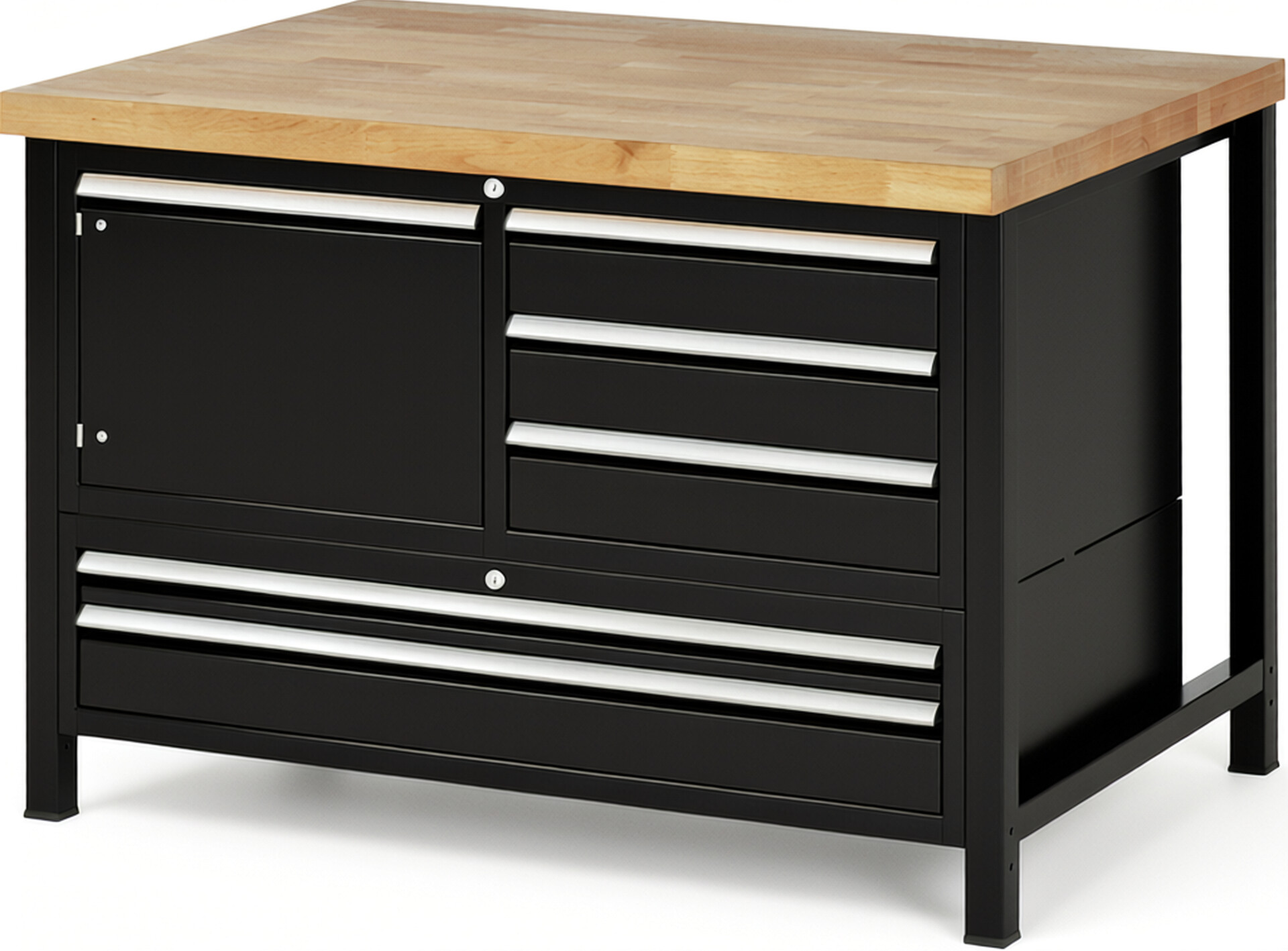 Werkbank Modell 8932 schwarz, BxTxH 1250x900x840-1040 mm,  Buche-Massiv Arbeitsplatte 40 mm,  5 Schubladen mit  Vollauszug 100 % und  SoftClosing