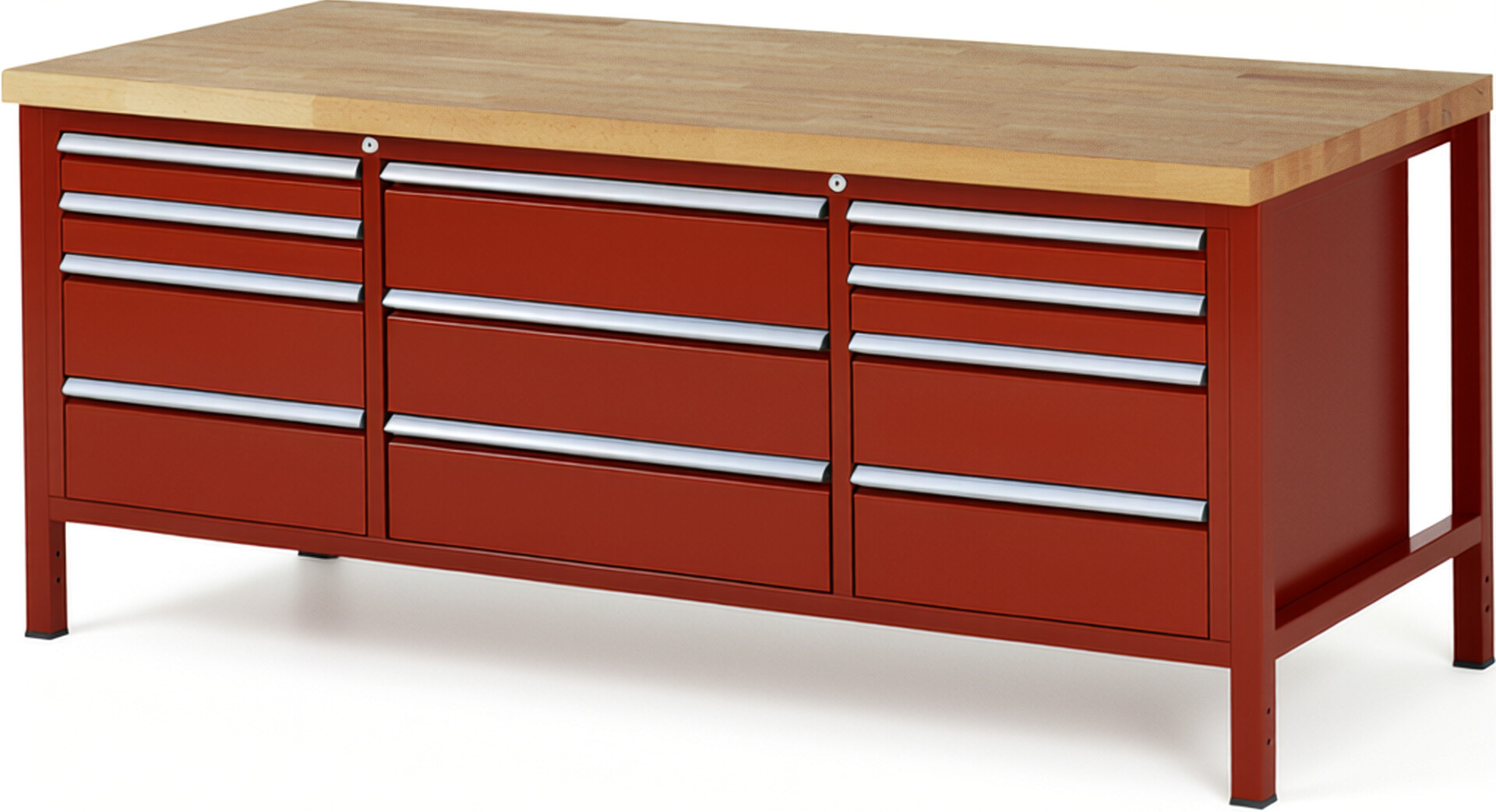 Werkbank Modell 8757 rot, BxTxH 2000x900x840-1040 mm,  Buche-Massiv Arbeitsplatte 40 mm,  11 Schubladen mit  Auszug 90 %