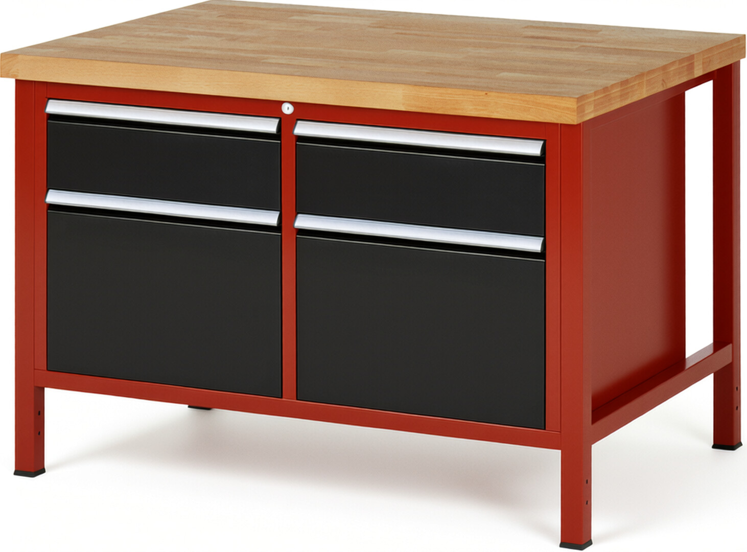 RAU Werkbank rot - schwarz - Breite 125 cm - Tiefe 90 cm - Höhe 104 cm - Buche-Massiv Arbeitsplatte 40 mm