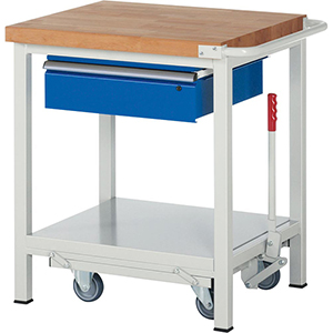 Werkbank mit absenkbarem Fahrgestell, Breite 75 cm, Tiefe 70 cm, Höhe 88 cm, 1 Schublade(n), Platte: Buche-Riegel