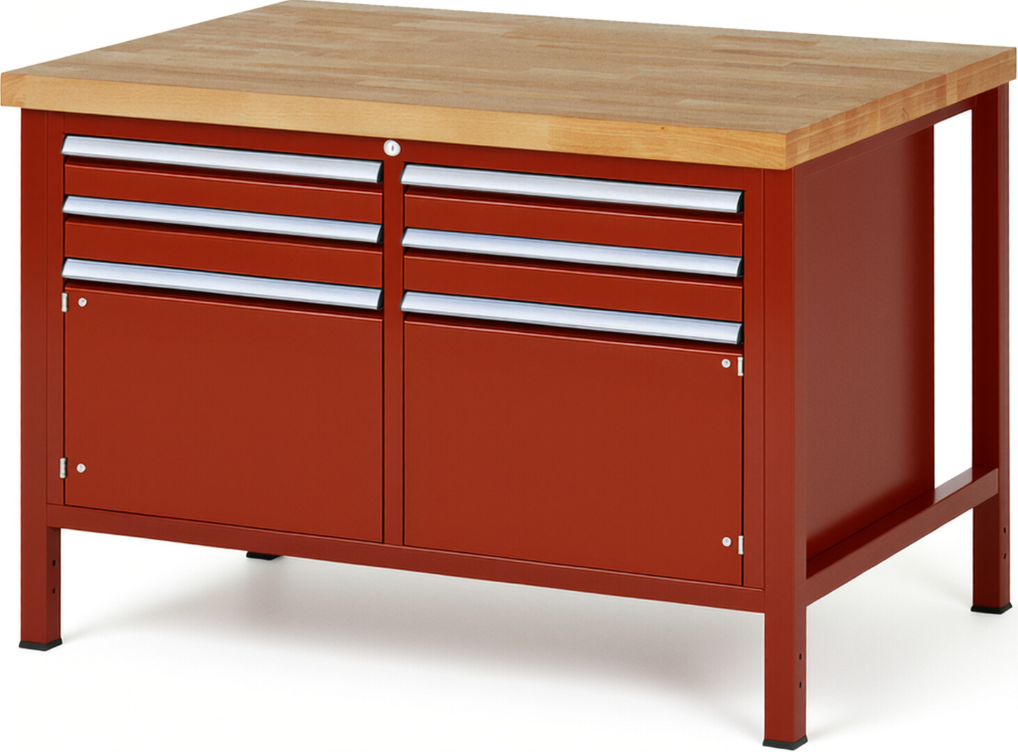 Werkbank Modell 8469 rot, BxTxH 1250x900x840-1040 mm,  Buche-Massiv Arbeitsplatte 40 mm,  4 Schubladen mit  Auszug 90 %