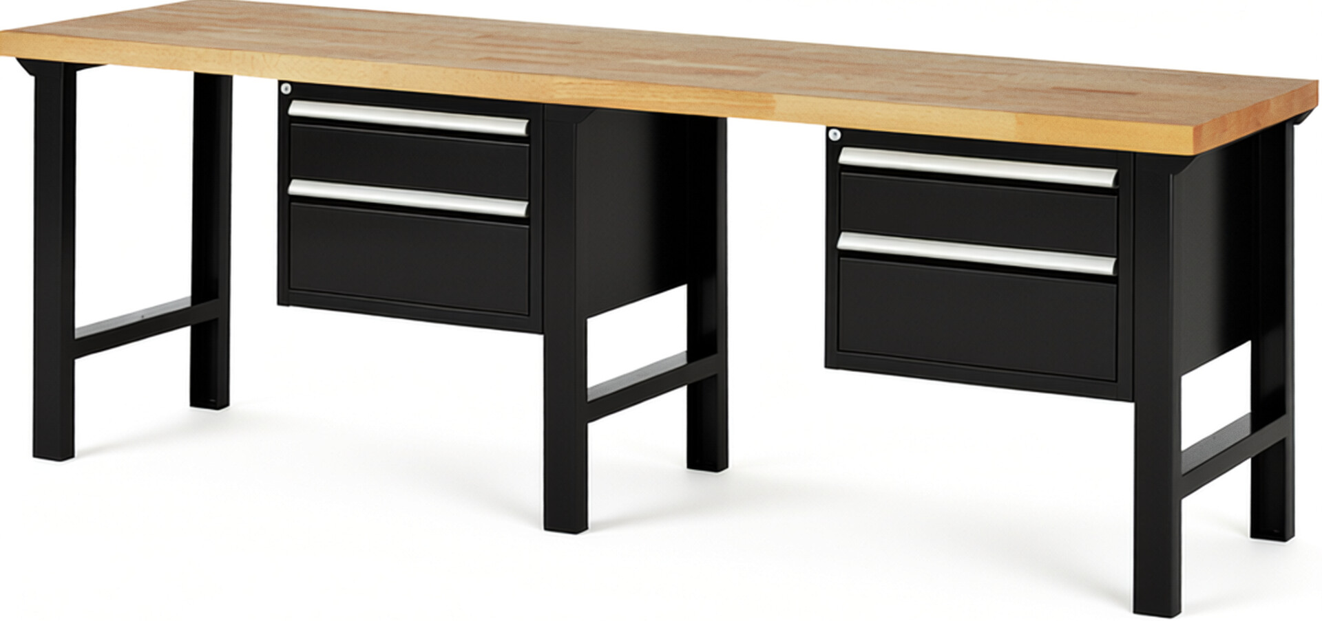Werkbank Modell 7123 schwarz, BxTxH 2500x700x840 mm,  Buche-Massiv Arbeitsplatte 40 mm,  4 Schubladen mit  Vollauszug 100 % und  SoftClosing