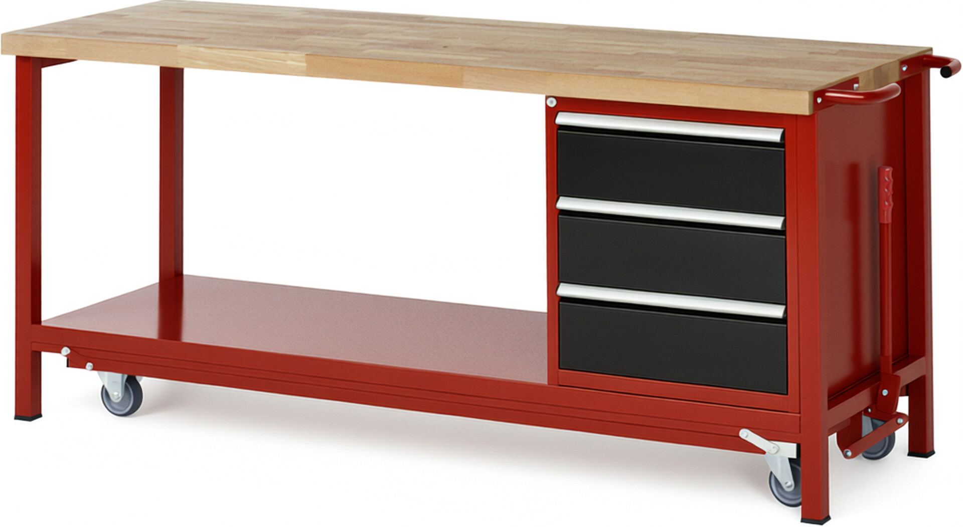 Absenkbare Werkbank Modell 8157 rot - schwarz, BxTxH 2000x700x880 mm,  Buche-Massiv Arbeitsplatte 40 mm,  3 Schubladen mit  Vollauszug 100 % und  SoftClosing