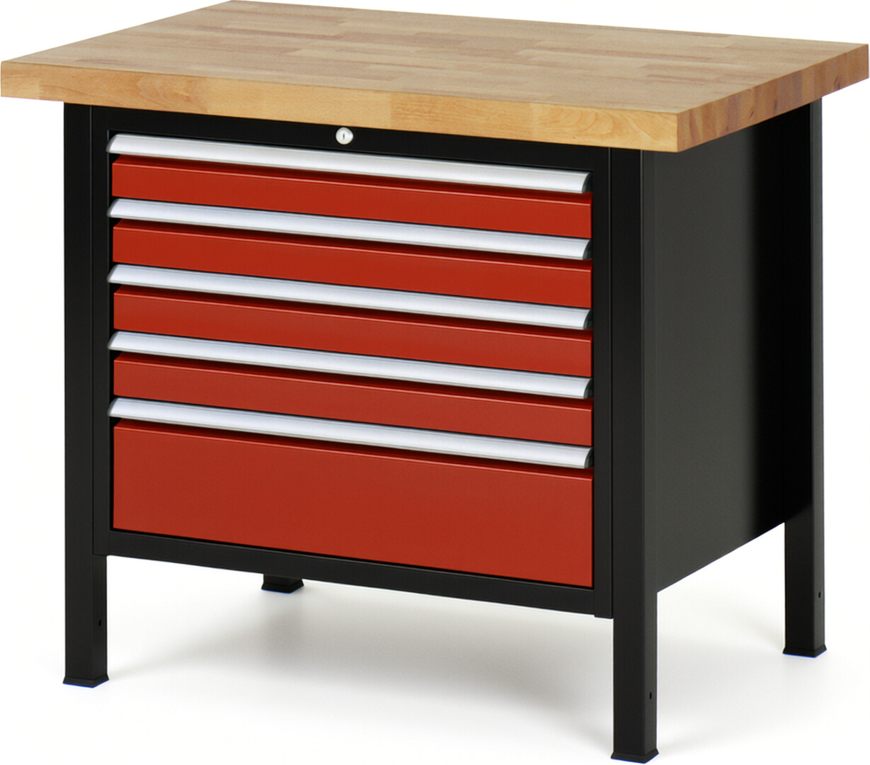 Werkbank Modell 8268 schwarz-rot, BxTxH 1000x700x840 mm,  Buche-Massiv Arbeitsplatte 40 mm,  5 Schubladen mit  Auszug 90 %