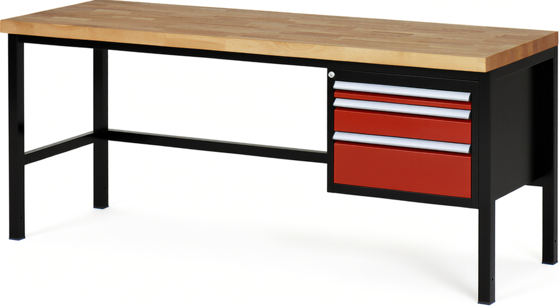 RAU Werkbank schwarz - rot - Breite 200 cm - Tiefe 70 cm - Höhe 104 cm - Buche-Massiv Arbeitsplatte 40 mm