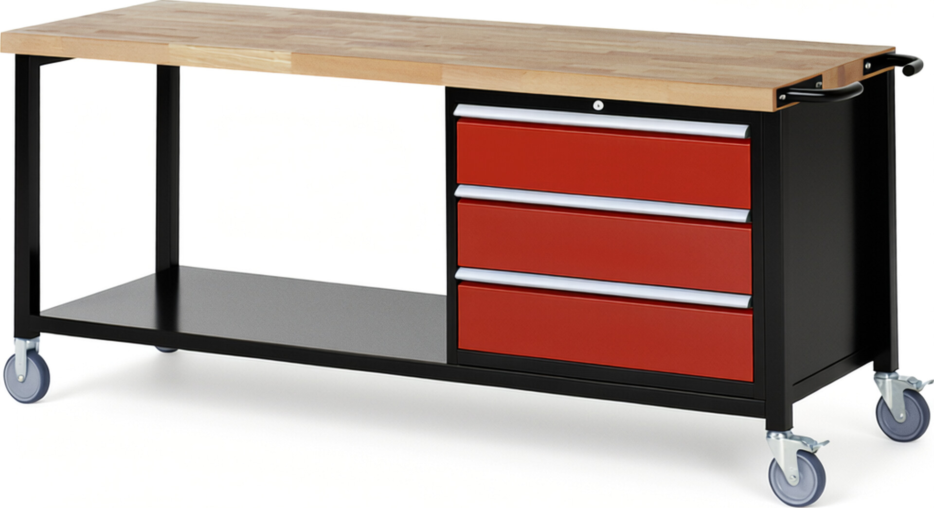 RAU Werkbank schwarz - rot - Breite 200 cm - Tiefe 70 cm - Höhe 108 cm - Buche-Massiv Arbeitsplatte 40 mm