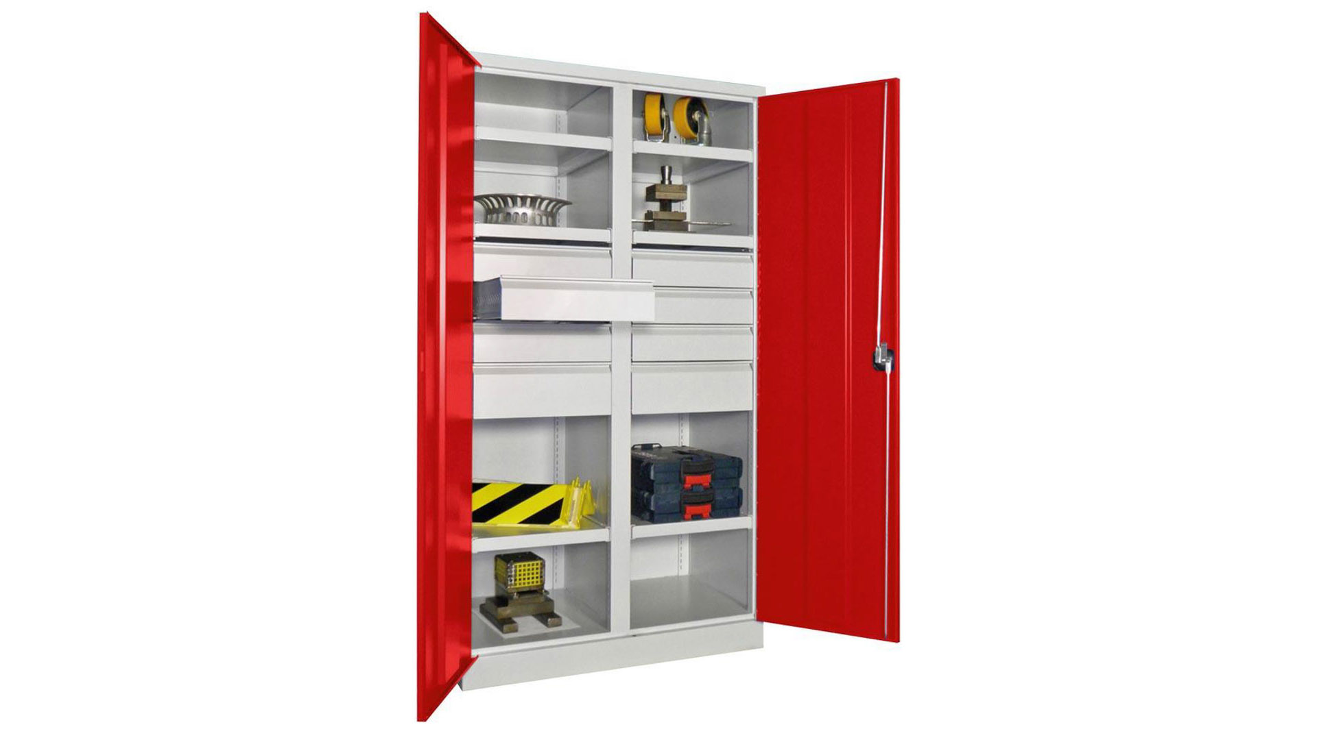 Schwerlastschrank - Vollblechtüren - Trennwand - 6 Böden - 8 Schubladen - 1.950x1.040x630 mm (HxBxT) - lichtgrau/feuerrot