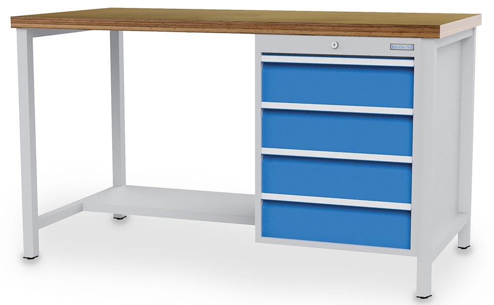 Werkbank, BxTxH 1500x750x859 mm, Platte Buche 40 mm, 4 Schubladen 150 mm, 1 Stahlfachboden, RAL 7035/5012