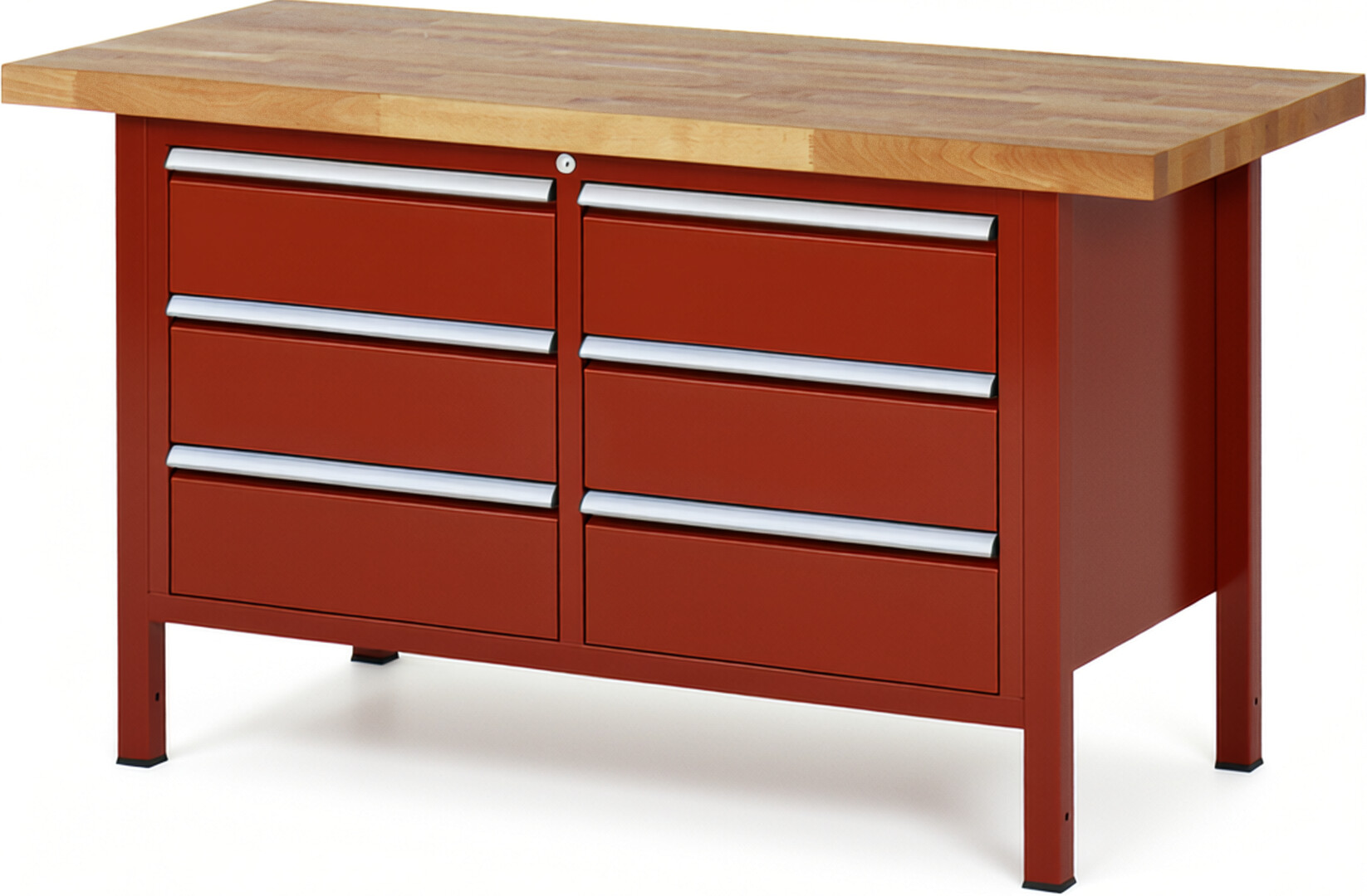 Werkbank Modell 8473 rot, BxTxH 1500x700x840-1040 mm,  Buche-Massiv Arbeitsplatte 40 mm,  6 Schubladen mit  Auszug 90 %
