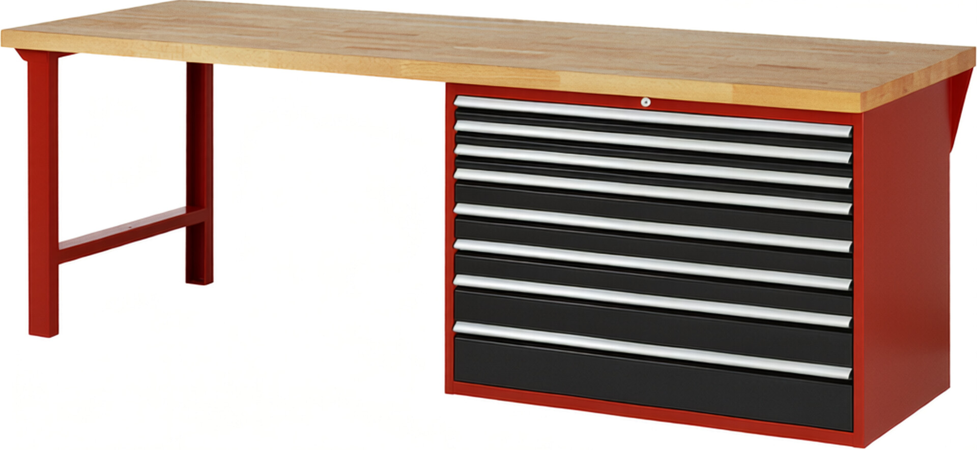 Werkbank Modell 7719 rot - schwarz, BxTxH 2500x900x840 mm,  Buche-Massiv Arbeitsplatte 40 mm,  8 Schubladen mit  Auszug 90 %