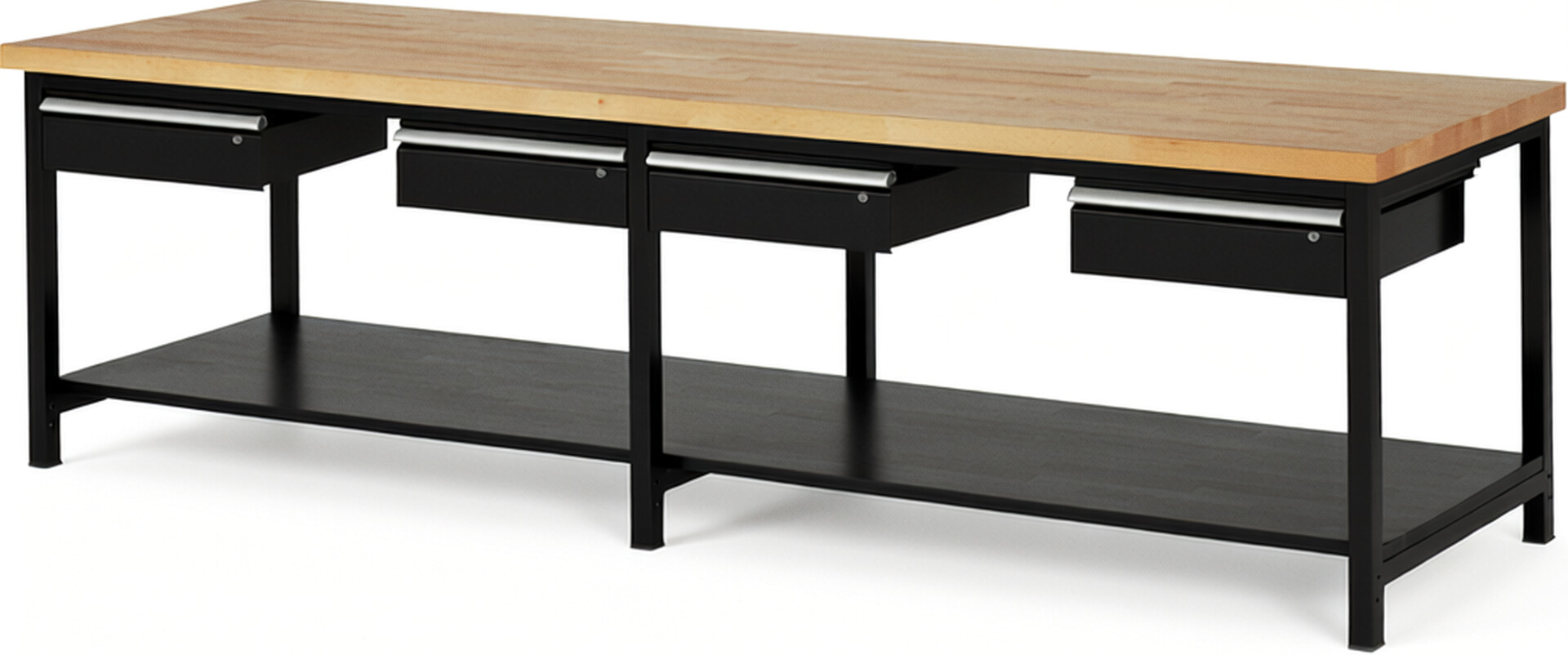 Werkbank Modell 8002 schwarz, BxTxH 3000x900x840-1040 mm,  Buche-Massiv Arbeitsplatte 40 mm,  4 Schubladen mit  Auszug 90 %