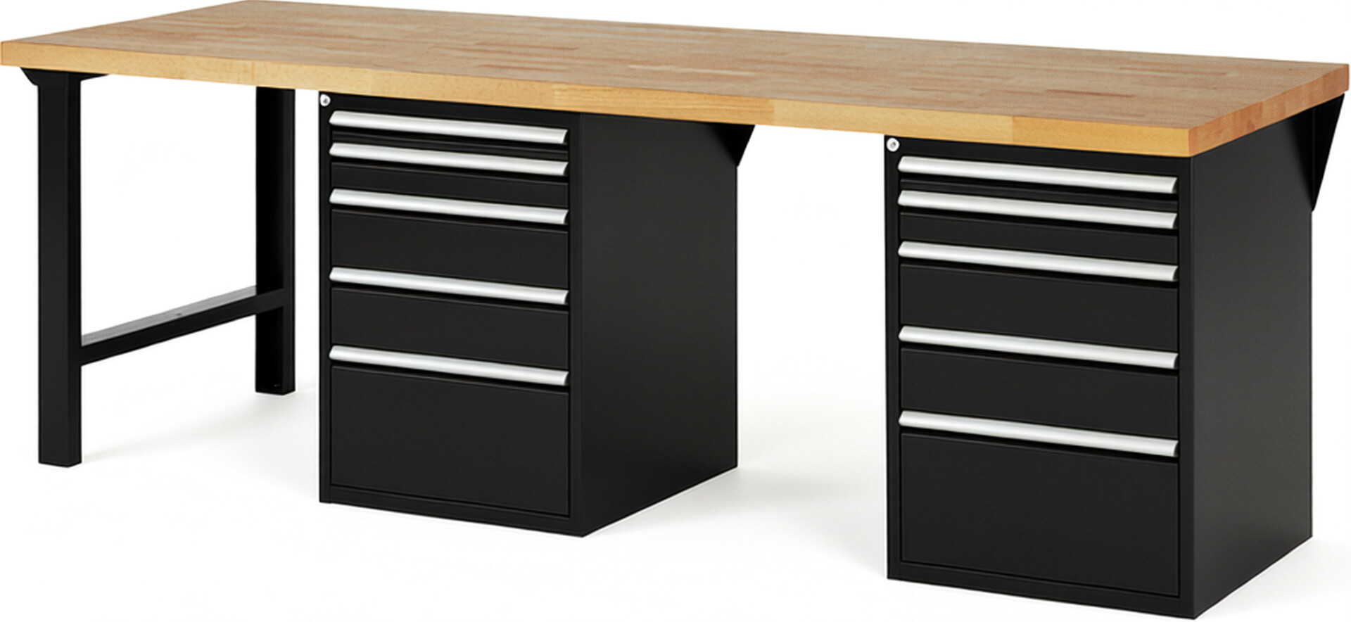 Werkbank Modell 7511 schwarz, BxTxH 2500x900x890 mm,  Buche-Massiv Arbeitsplatte 40 mm,  10 Schubladen mit  Vollauszug 100 % und  SoftClosing