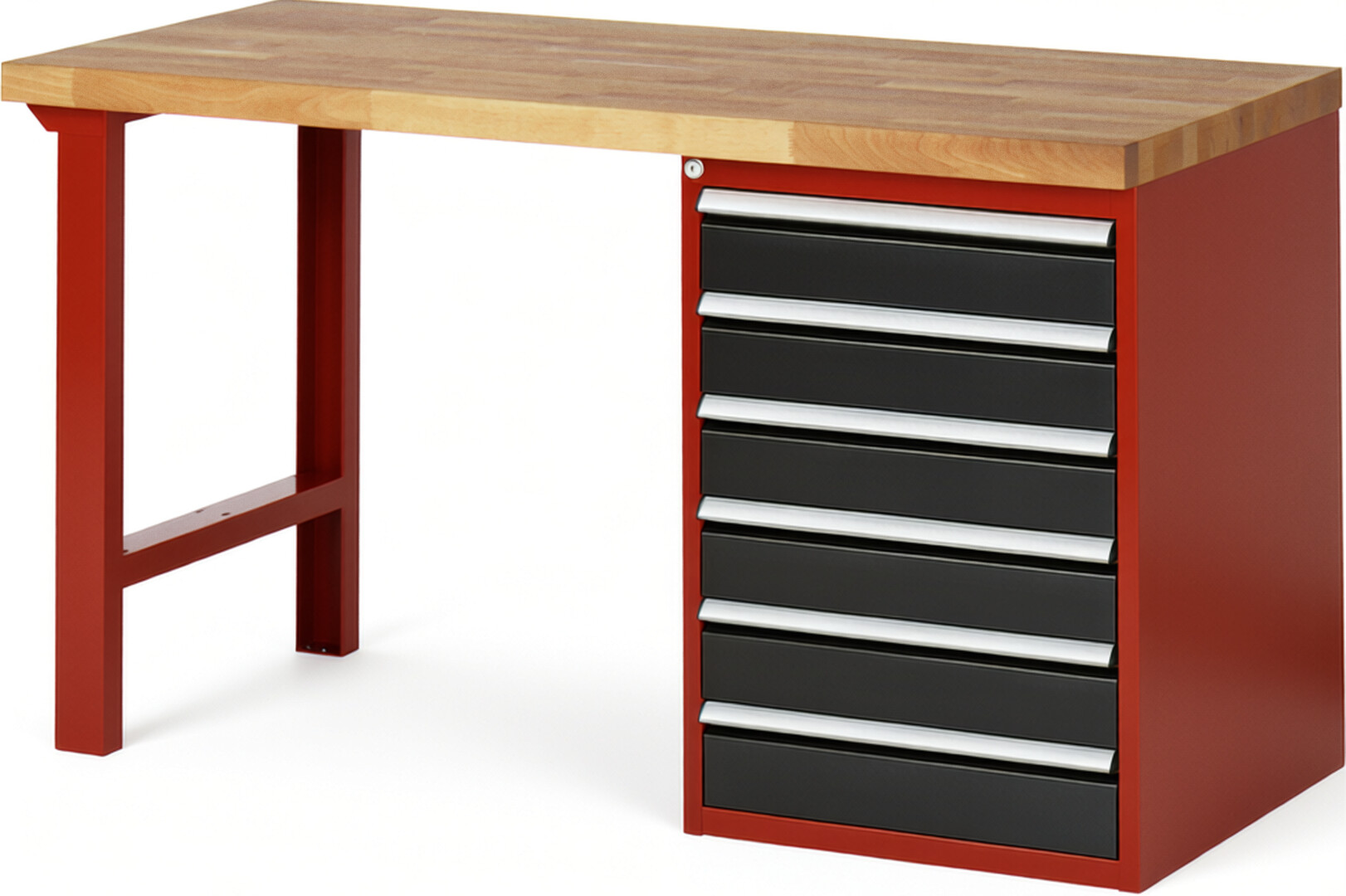 Werkbank Modell 7516 rot - schwarz, BxTxH 1500x700x840 mm,  Buche-Massiv Arbeitsplatte 40 mm,  6 Schubladen mit  Auszug 90 %