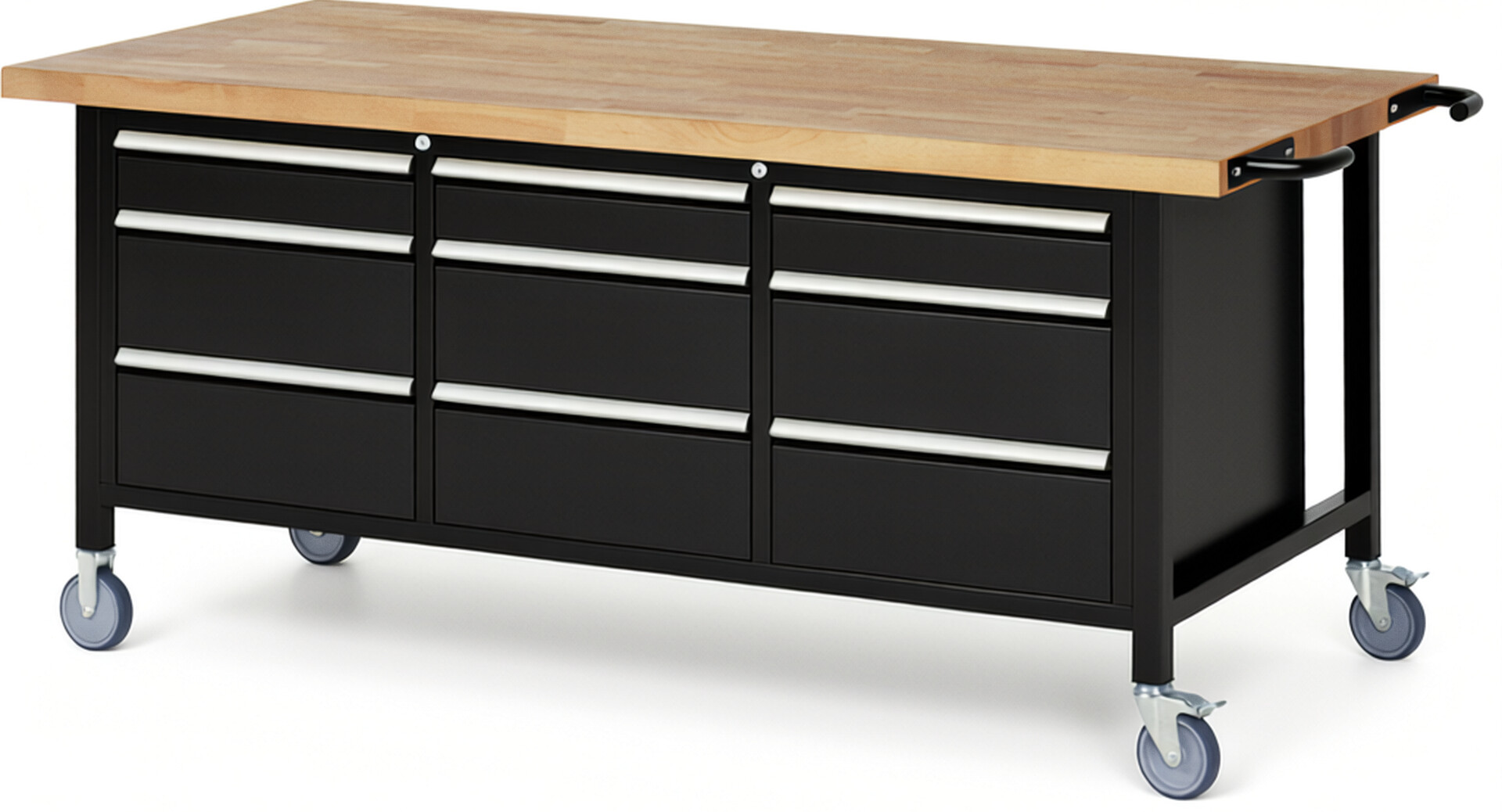 RAU Werkbank schwarz - Breite 200 cm - Tiefe 90 cm - Höhe 108 cm - Buche-Massiv Arbeitsplatte 40 mm