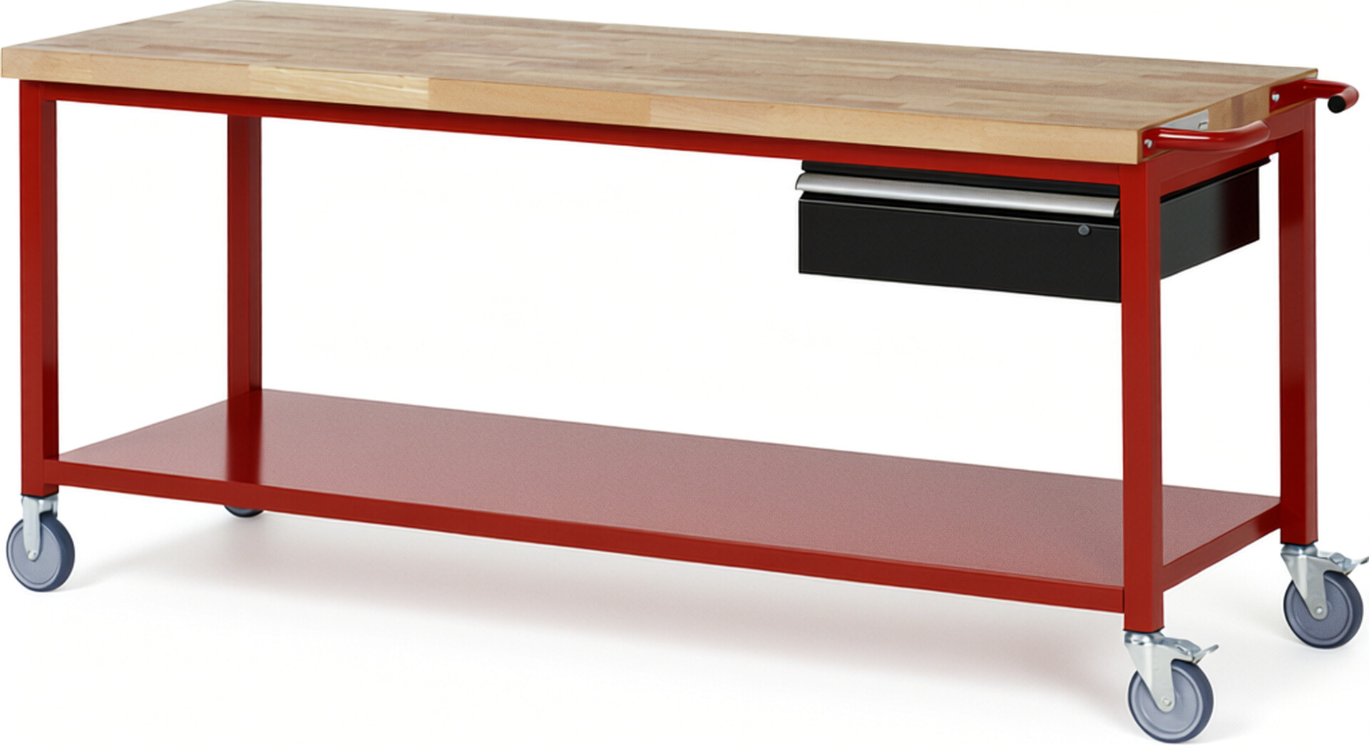 Fahrbare Werkbank Modell 8001 rot - schwarz, BxTxH 2000x700x880-1080 mm,  Buche-Massiv Arbeitsplatte 40 mm,  1 Schublade mit  Auszug 90 %