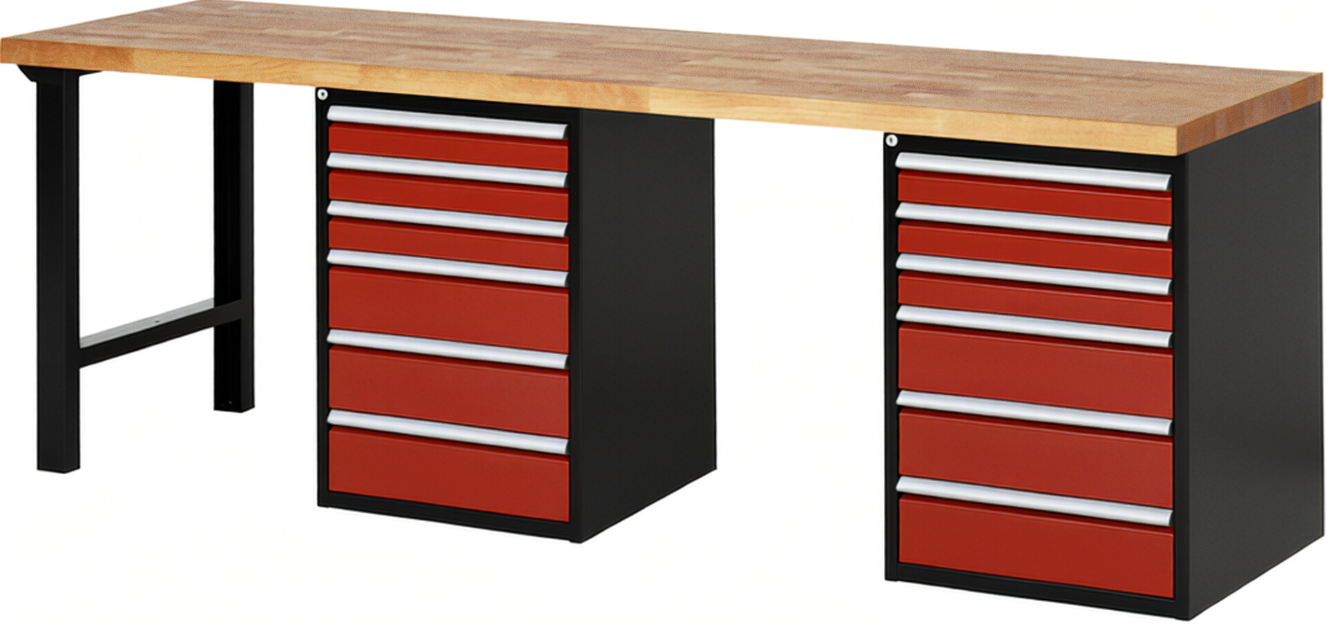 Werkbank Modell 7515 schwarz-rot, BxTxH 2500x700x890 mm,  Buche-Massiv Arbeitsplatte 40 mm,  12 Schubladen mit  Vollauszug 100 % und  SoftClosing