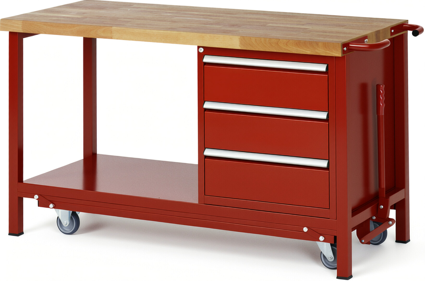 Absenkbare Werkbank Modell 8157 rot, BxTxH 1500x700x880 mm,  Buche-Massiv Arbeitsplatte 40 mm,  3 Schubladen mit  Vollauszug 100 % und  SoftClosing