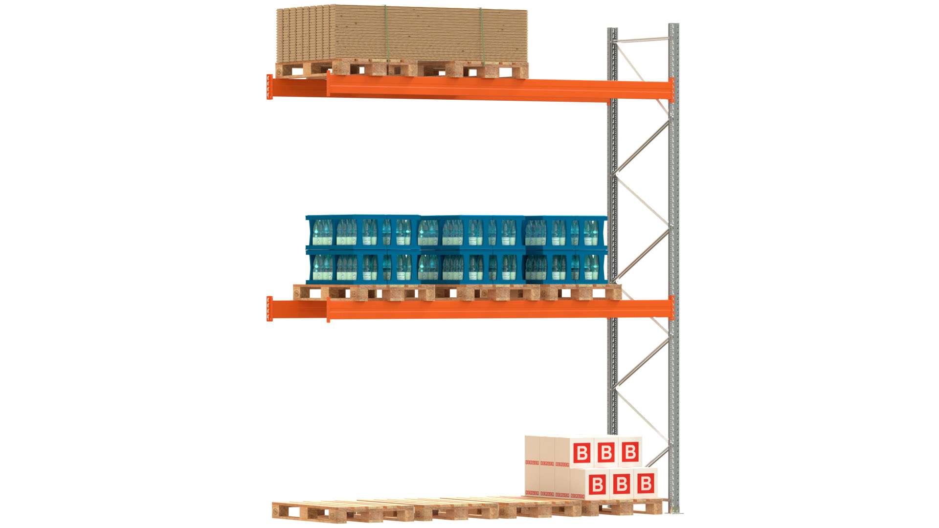 Palettenregal ARTUS - Anbaufeld - Breite 368,5 cm - Höhe 450 cm - Tiefe 110 cm - 2 Träger Ebenen