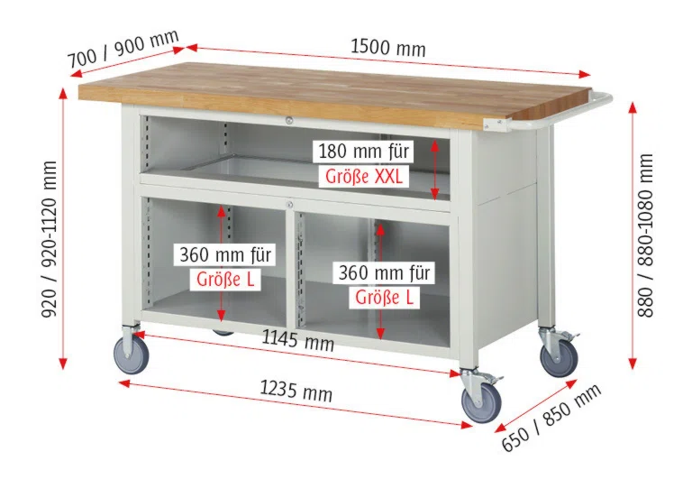 Fahrbare Werkbank Modell 8922,  BxTxH 1500x900x920-1120 mm,  Buche-Massiv Arbeitsplatte 40 mm,  5 Schubladen mit  Auszug 90 %