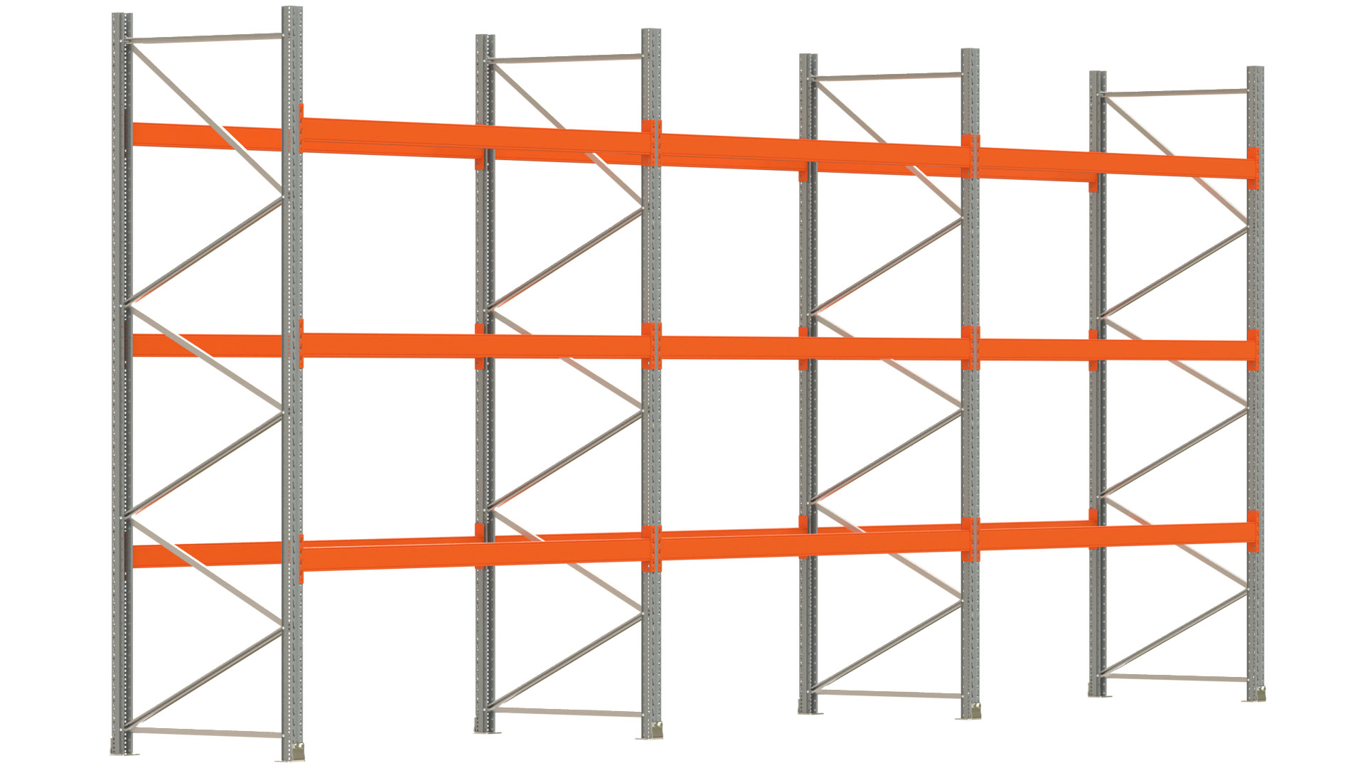 Palettenregal ARTUS - Breite 844 cm - Höhe 350 cm - Tiefe 110 cm - 3 Träger-Ebenen - max. Fachlast 2100 kg - 36 Palettenstellplätze