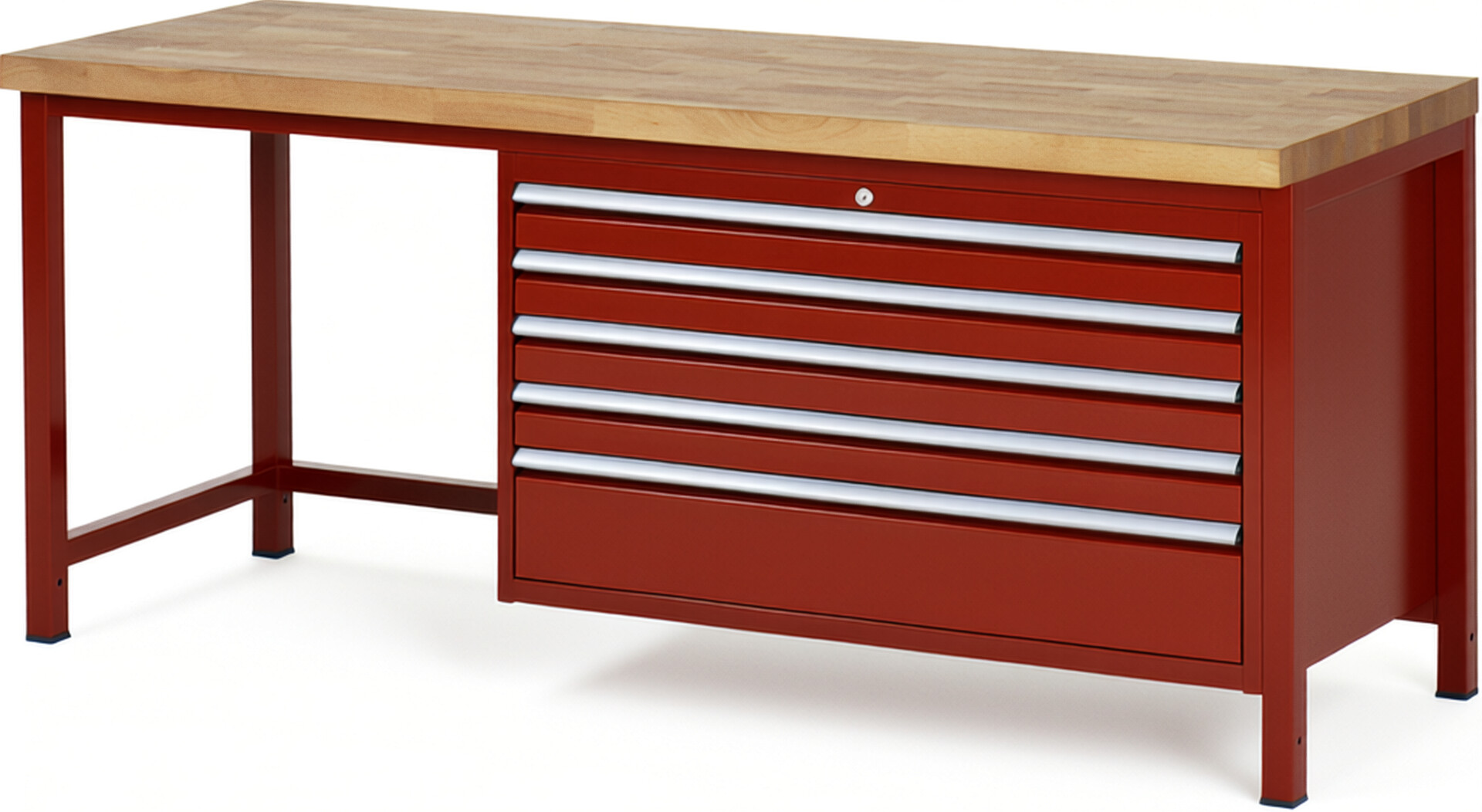 Werkbank Modell 8368 rot, BxTxH 2000x700x840 mm,  Buche-Massiv Arbeitsplatte 40 mm,  5 Schubladen mit  Vollauszug 100 % und  SoftClosing