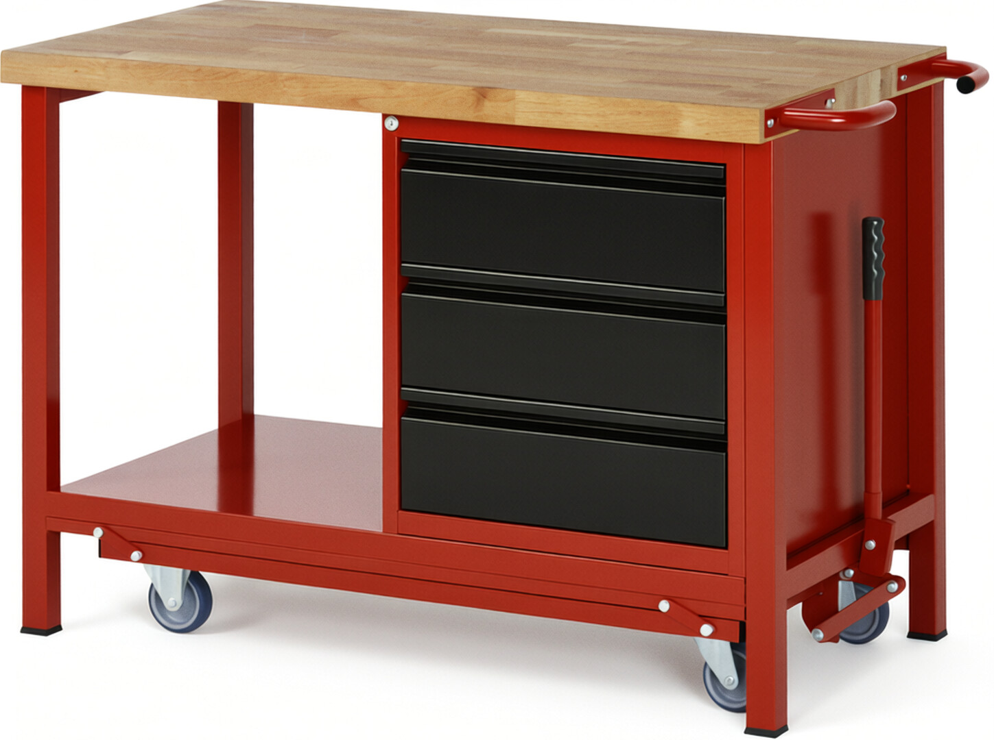 Absenkbare Werkbank - Modell 8157 BASIC rot - schwarz, BxTxH 1250x700x880 mm,  Buche-Massiv Arbeitsplatte 40 mm,  3 Schubladen mit  Auszug 90 %