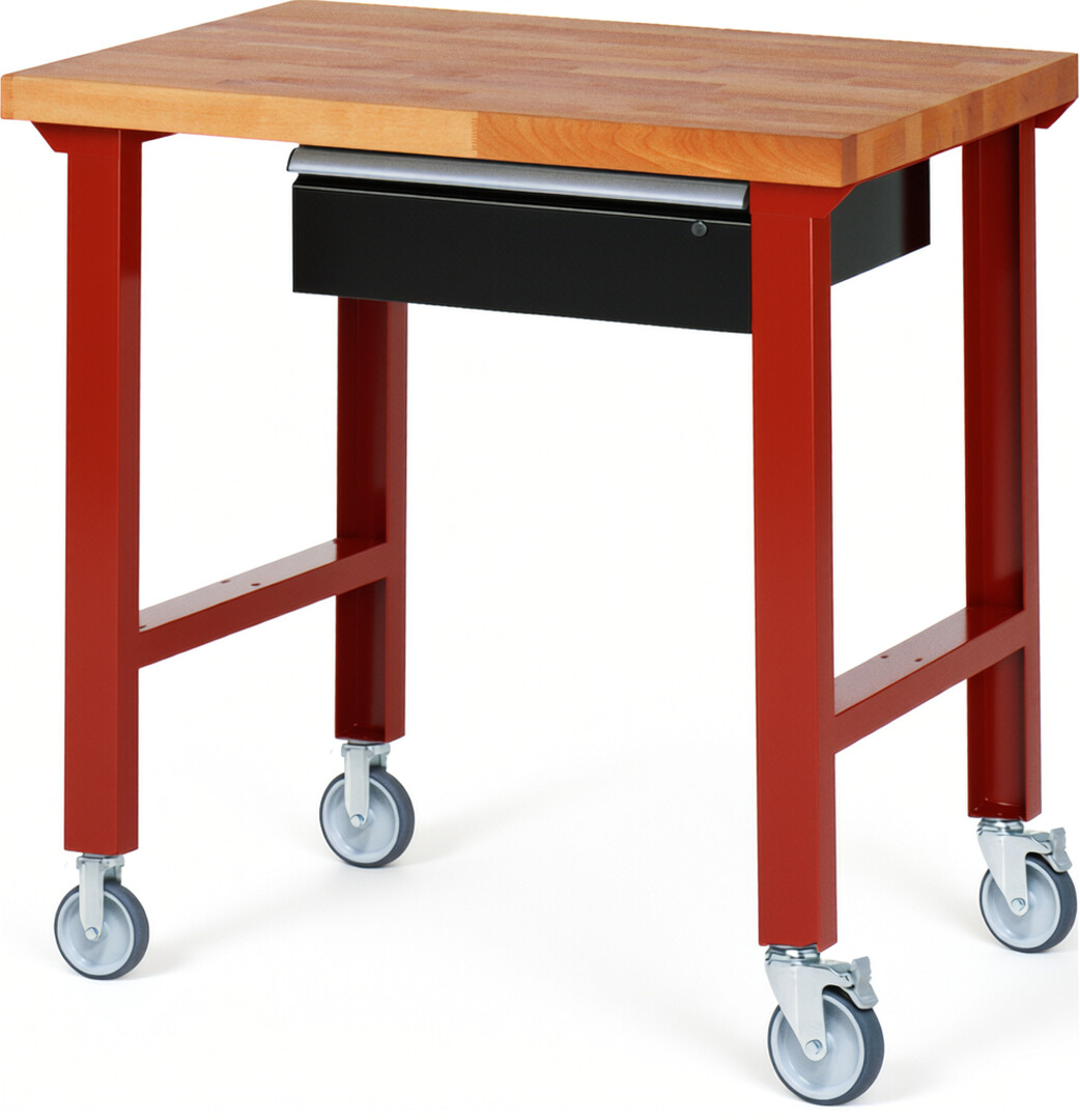 Fahrbare Werkbank Modell 7001 rot - schwarz, BxTxH 1000x700x1000 mm,  Buche-Massiv Arbeitsplatte 40 mm,  1 Schublade mit  Auszug 90 %