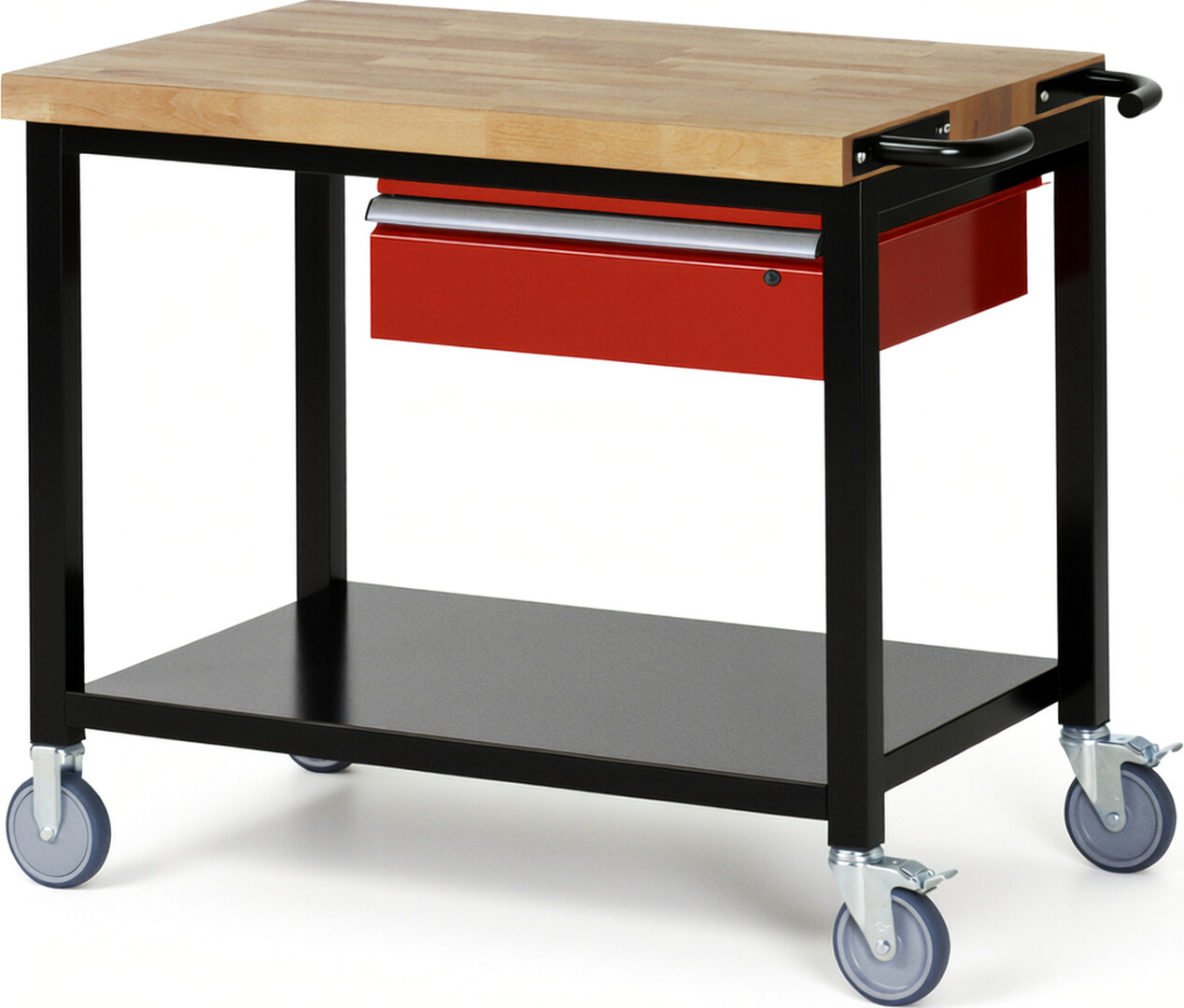 RAU Werkbank schwarz - rot - Breite 100 cm - Tiefe 70 cm - Höhe 108 cm - Buche-Massiv Arbeitsplatte 40 mm