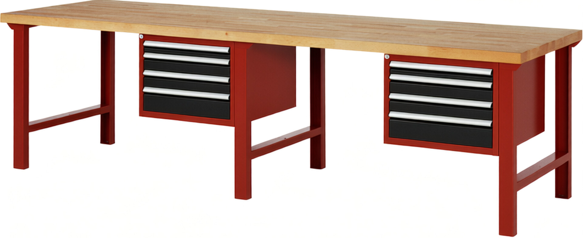 Werkbank Modell 7132 rot - schwarz, BxTxH 3000x900x840 mm,  Buche-Massiv Arbeitsplatte 40 mm,  8 Schubladen mit  Auszug 90 %