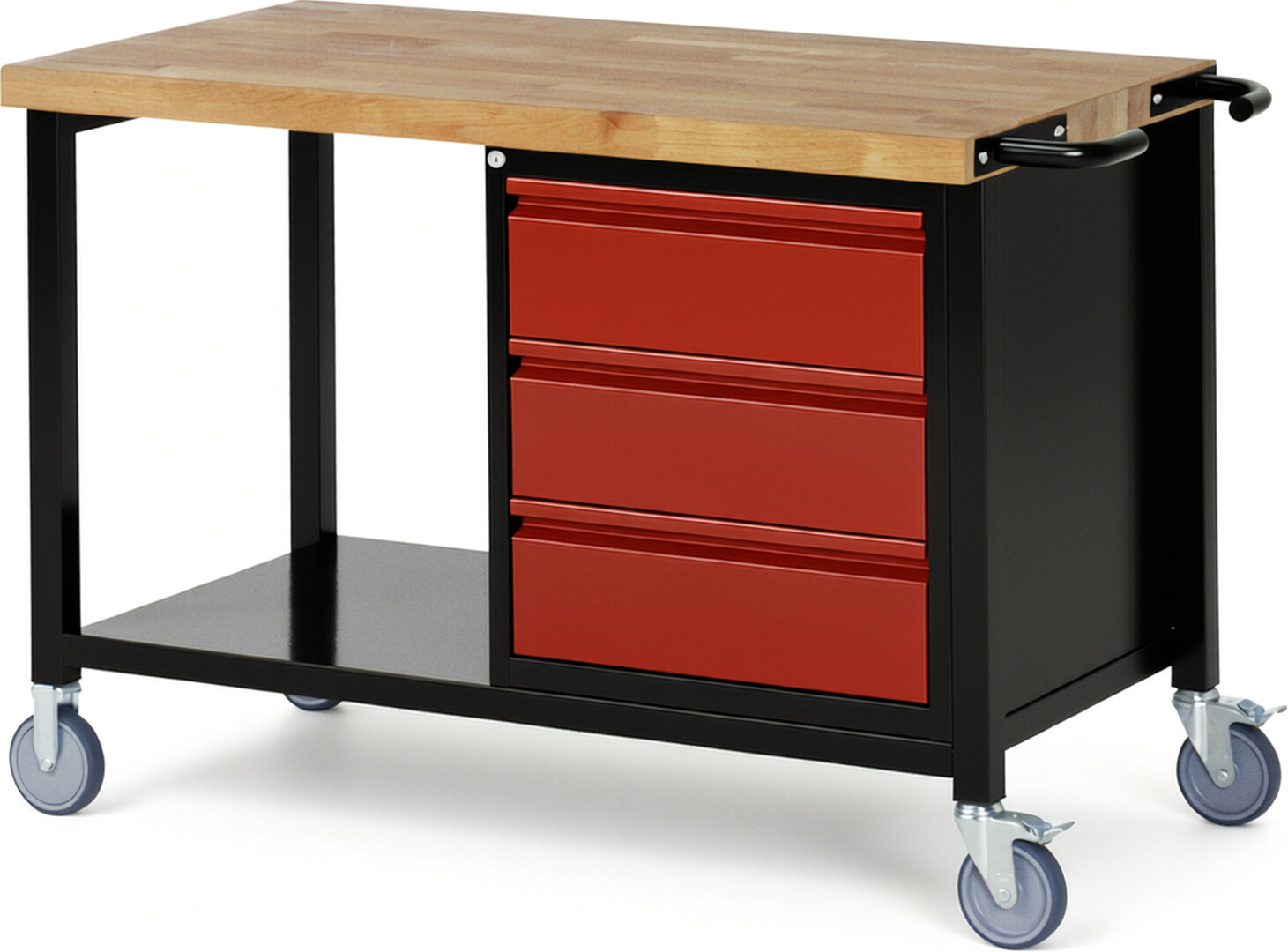 RAU Werkbank schwarz - rot - Breite 125 cm - Tiefe 70 cm - Höhe 88 cm - Buche-Massiv Arbeitsplatte 40 mm