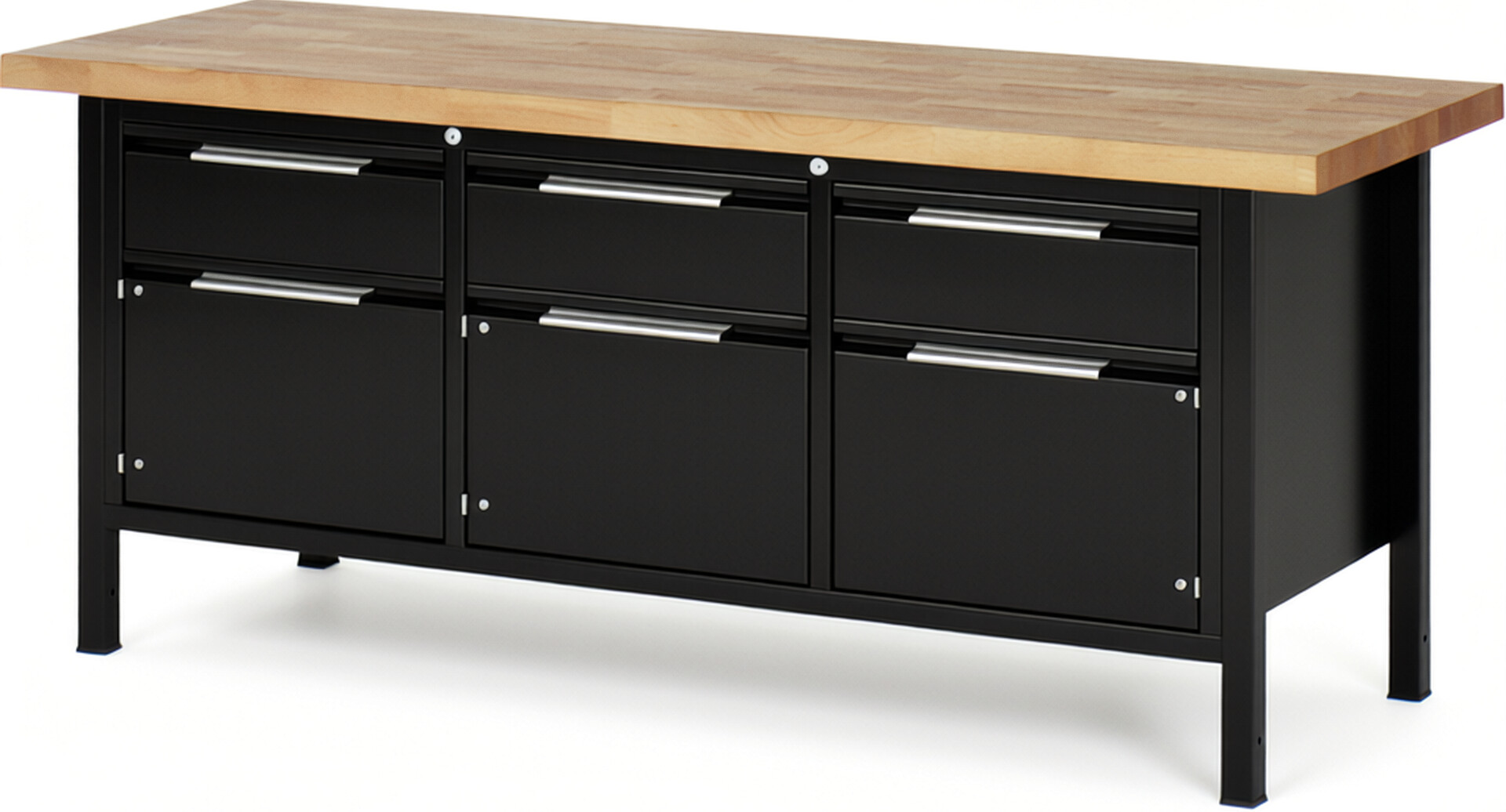 Werkbank - Modell 8567 BASIC schwarz, BxTxH 2000x700x840 mm,  Buche-Massiv Arbeitsplatte 40 mm,  3 Schubladen mit  Auszug 90 %
