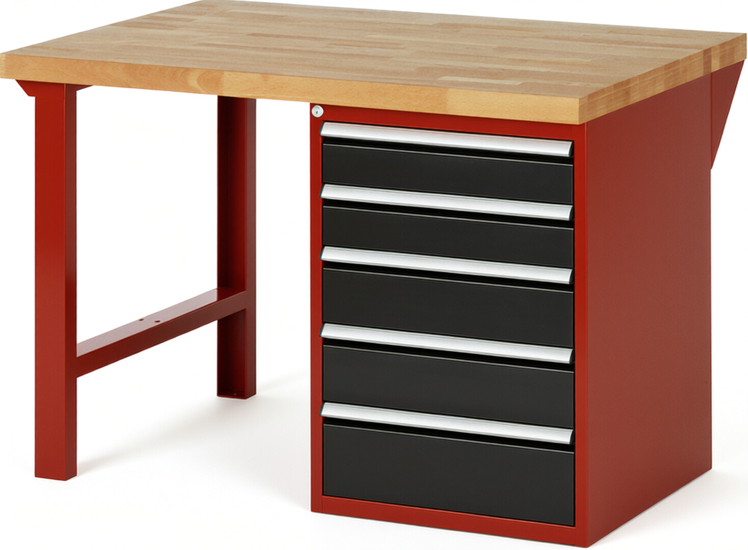 Werkbank Modell 7513 rot - schwarz, BxTxH 1250x900x890 mm,  Buche-Massiv Arbeitsplatte 40 mm,  5 Schubladen mit  Vollauszug 100 % und  SoftClosing