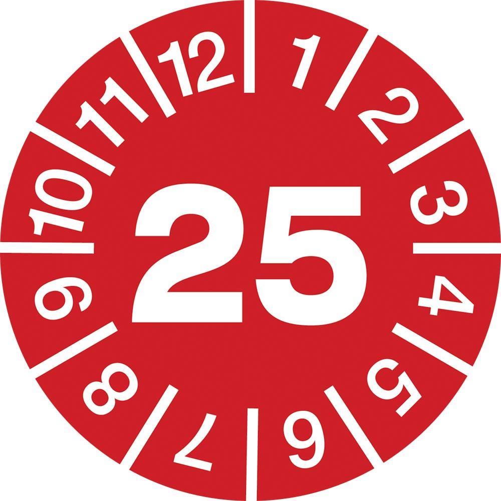Hinweisschild, Plakette, rot, Jahr 2025, PVC-Folie, Durchm. 15 mm, VE 10 Stück, Mindestabnahme 10 VE