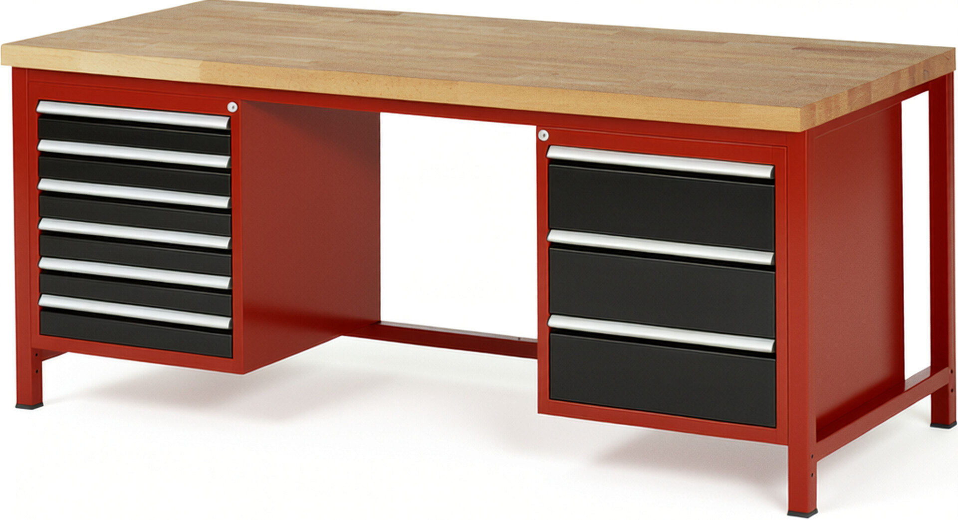 Werkbank Modell 8183 rot - schwarz, BxTxH 2000x900x840-1040 mm,  Buche-Massiv Arbeitsplatte 40 mm,  9 Schubladen mit  Auszug 90 %