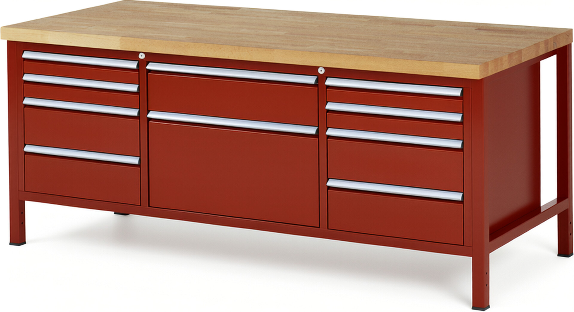 Werkbank Modell 8755 rot, BxTxH 2000x900x840 mm,  Buche-Massiv Arbeitsplatte 40 mm,  10 Schubladen mit  Vollauszug 100 % und  SoftClosing