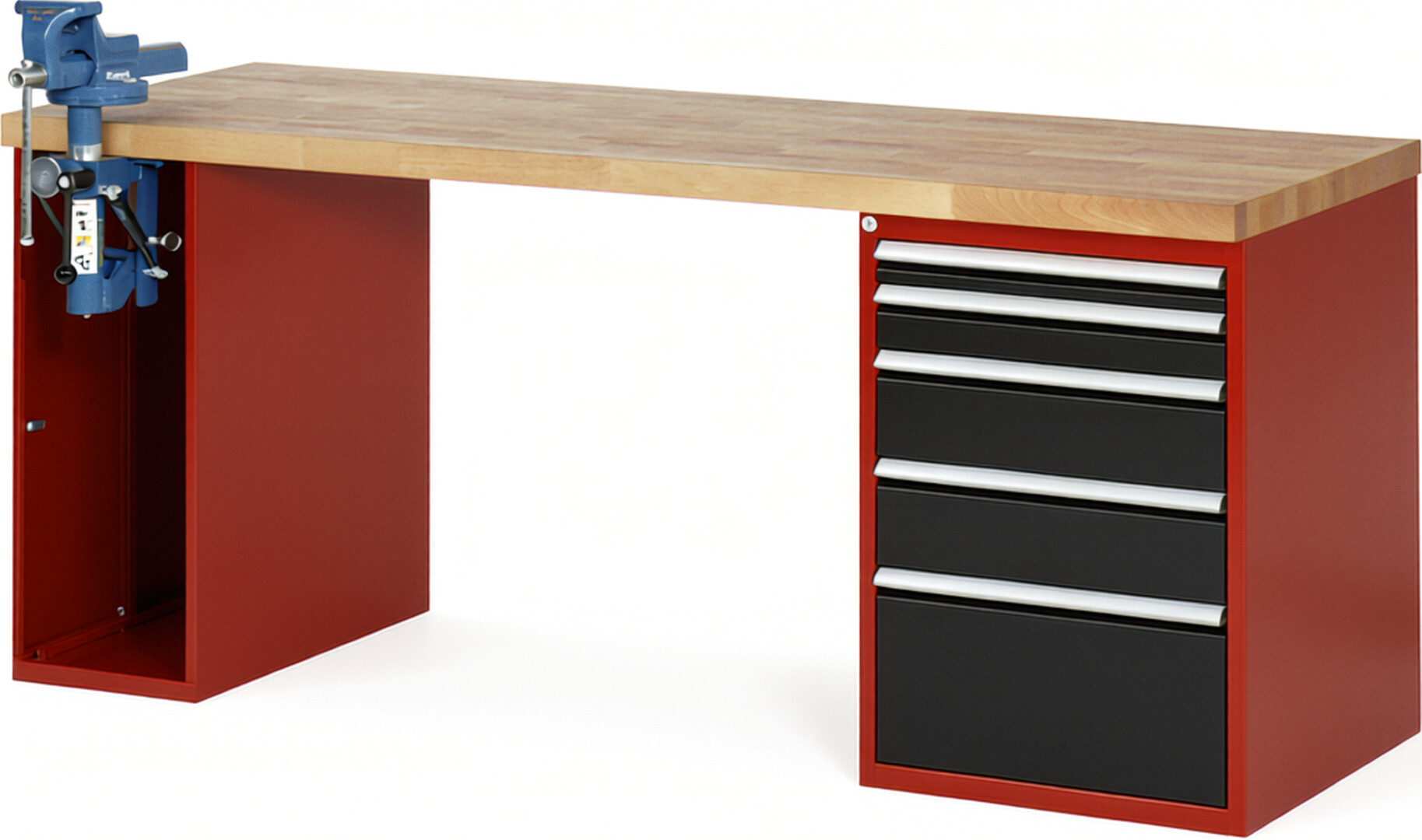 Werkbank Modell 7511 rot - schwarz, BxTxH 2000x700x840 mm,  Buche-Massiv Arbeitsplatte 40 mm,  5 Schubladen mit  Vollauszug 100 % und  SoftClosing