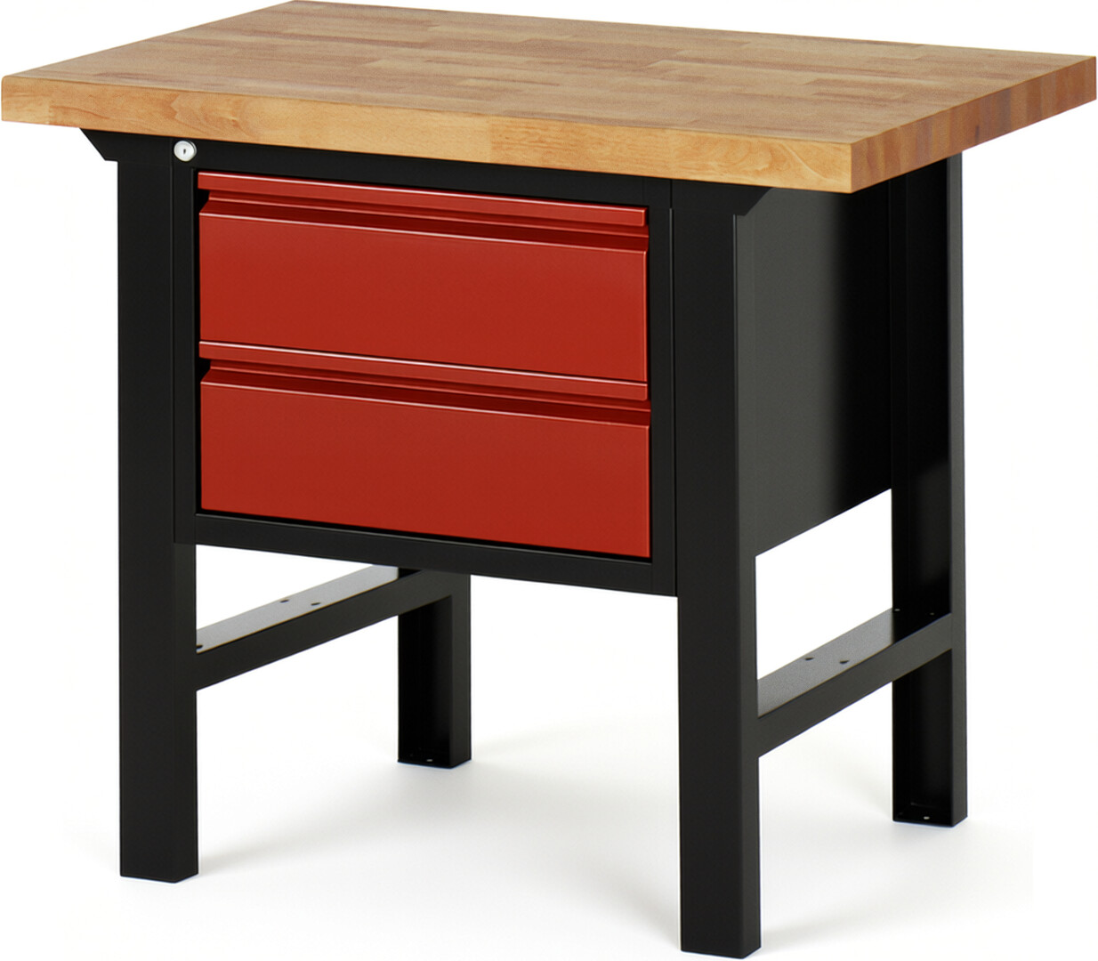 Werkbank schwarz - rot, Breite 100 cm, Tiefe 70 cm, Höhe 84 cm, 2 Schublade(n), Platte: Buche-Massiv-Arbeitsplatte