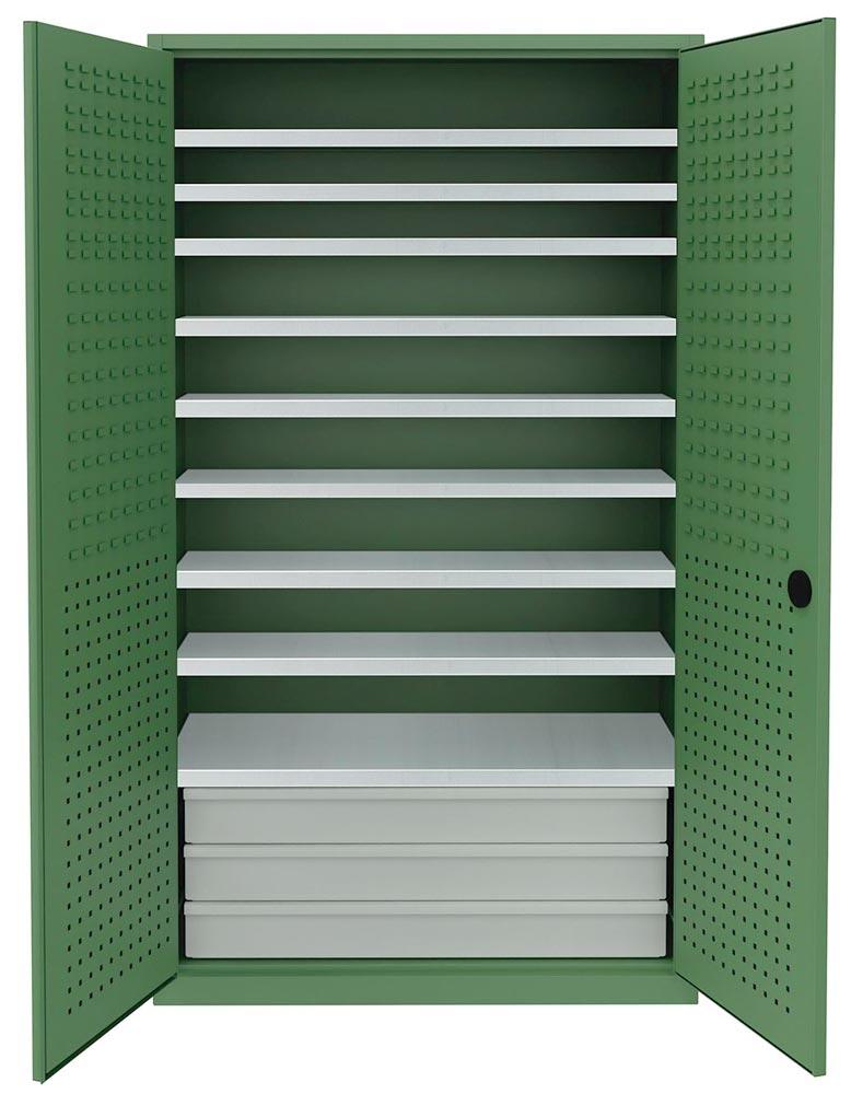 Materialschrank, Großraumschrank, BxTxH 1100x530x1950 mm, 9 Böden, RAL 6011 resedagrün, 3 Schubladen