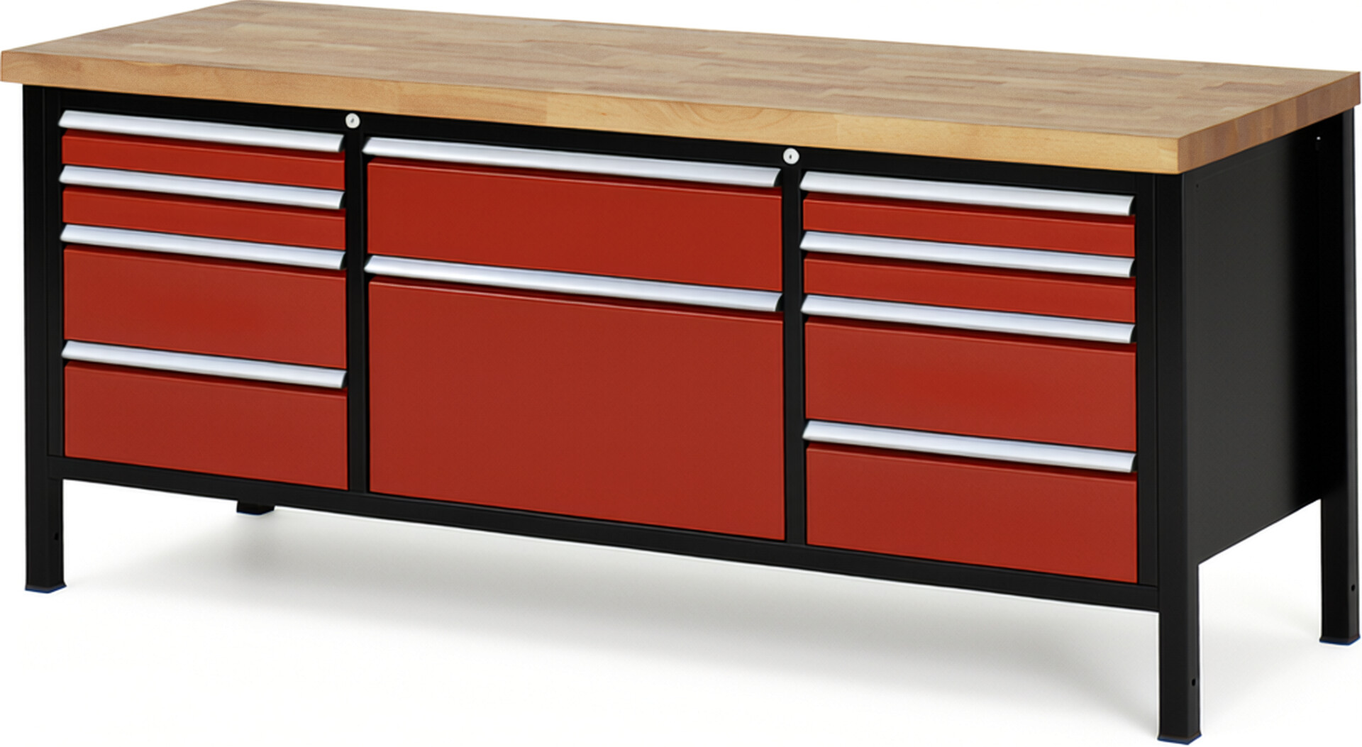 RAU Werkbank schwarz - rot - Breite 200 cm - Tiefe 70 cm - Höhe 104 cm - Buche-Massiv Arbeitsplatte 40 mm