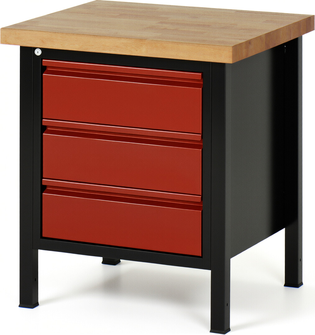 Werkbank schwarz - rot, Breite 75 cm, Tiefe 70 cm, Höhe 84 cm, 3 Schublade(n), Platte: Buche-Massiv-Arbeitsplatte