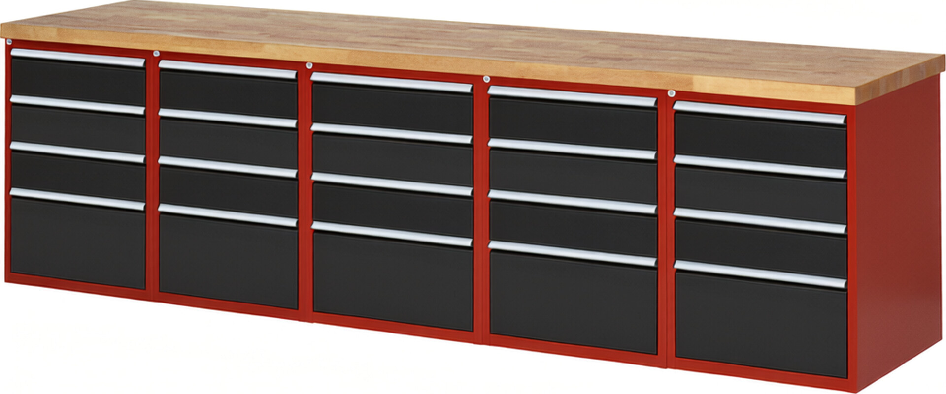 Werkbank Modell 7510 rot - schwarz, BxTxH 3000x700x890 mm,  Buche-Massiv Arbeitsplatte 40 mm,  20 Schubladen mit  Vollauszug 100 % und  SoftClosing