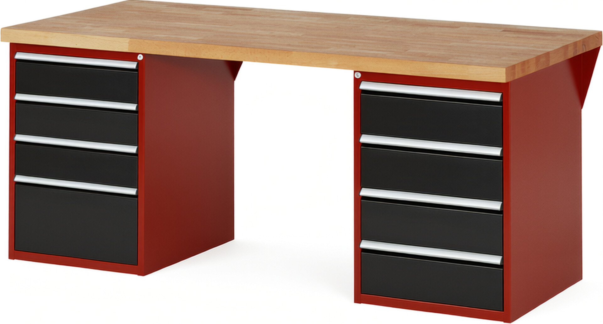 Werkbank Modell 7820 rot - schwarz, BxTxH 2000x900x840 mm,  Buche-Massiv Arbeitsplatte 40 mm,  8 Schubladen mit  Auszug 90 %