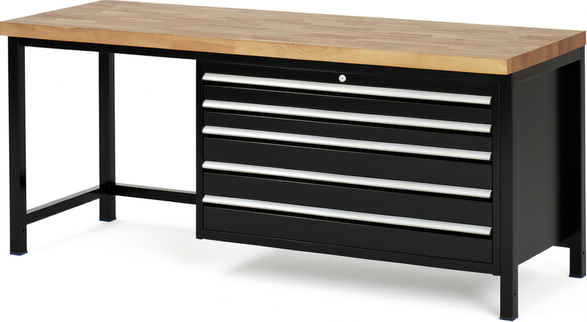 Werkbank Modell 8371 schwarz, BxTxH 2000x700x840 mm,  Buche-Massiv Arbeitsplatte 40 mm,  5 Schubladen mit  Vollauszug 100 % und  SoftClosing
